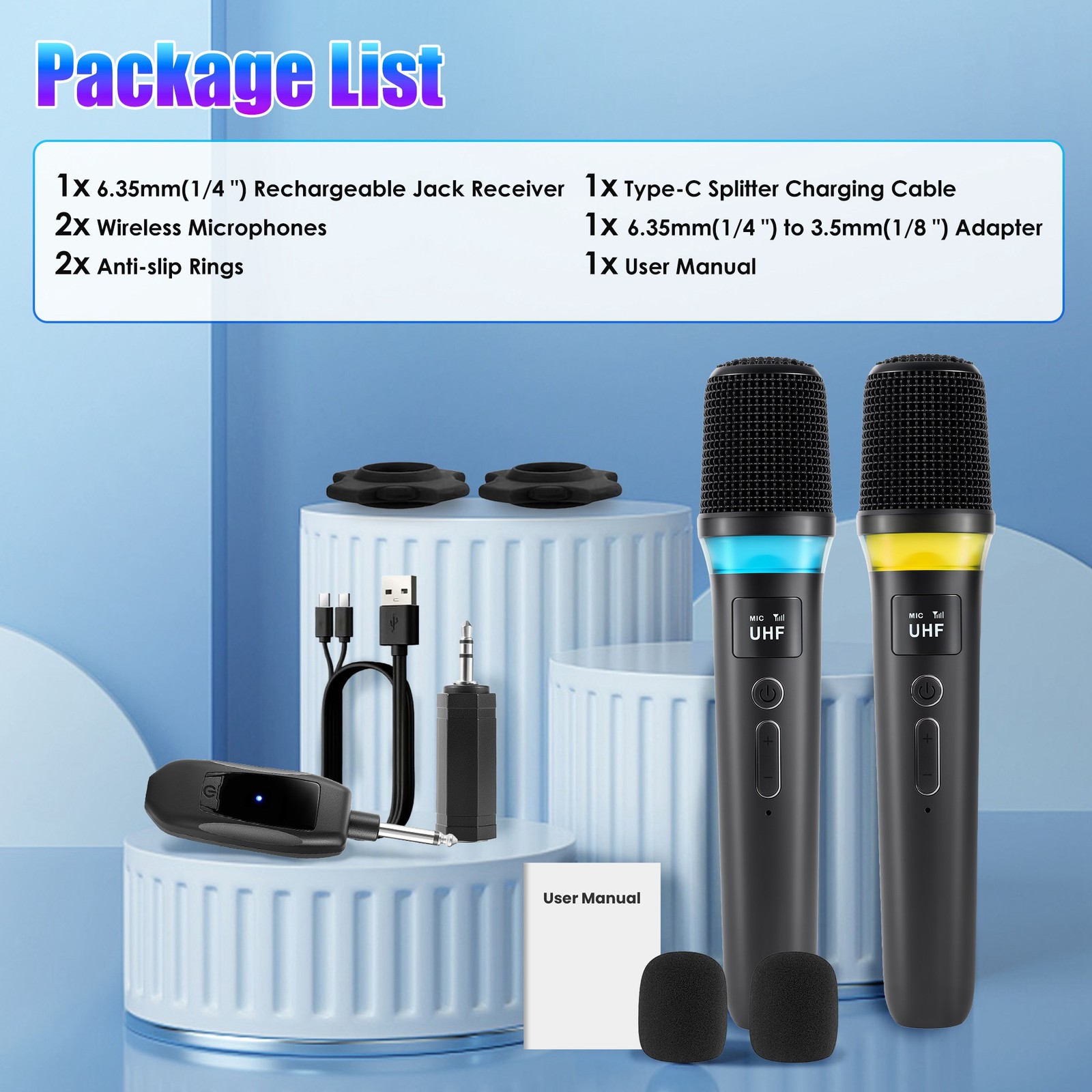 2Pcs UHF Wireless Microphones Handheld Mic System Karaoke Dynamic Microphone