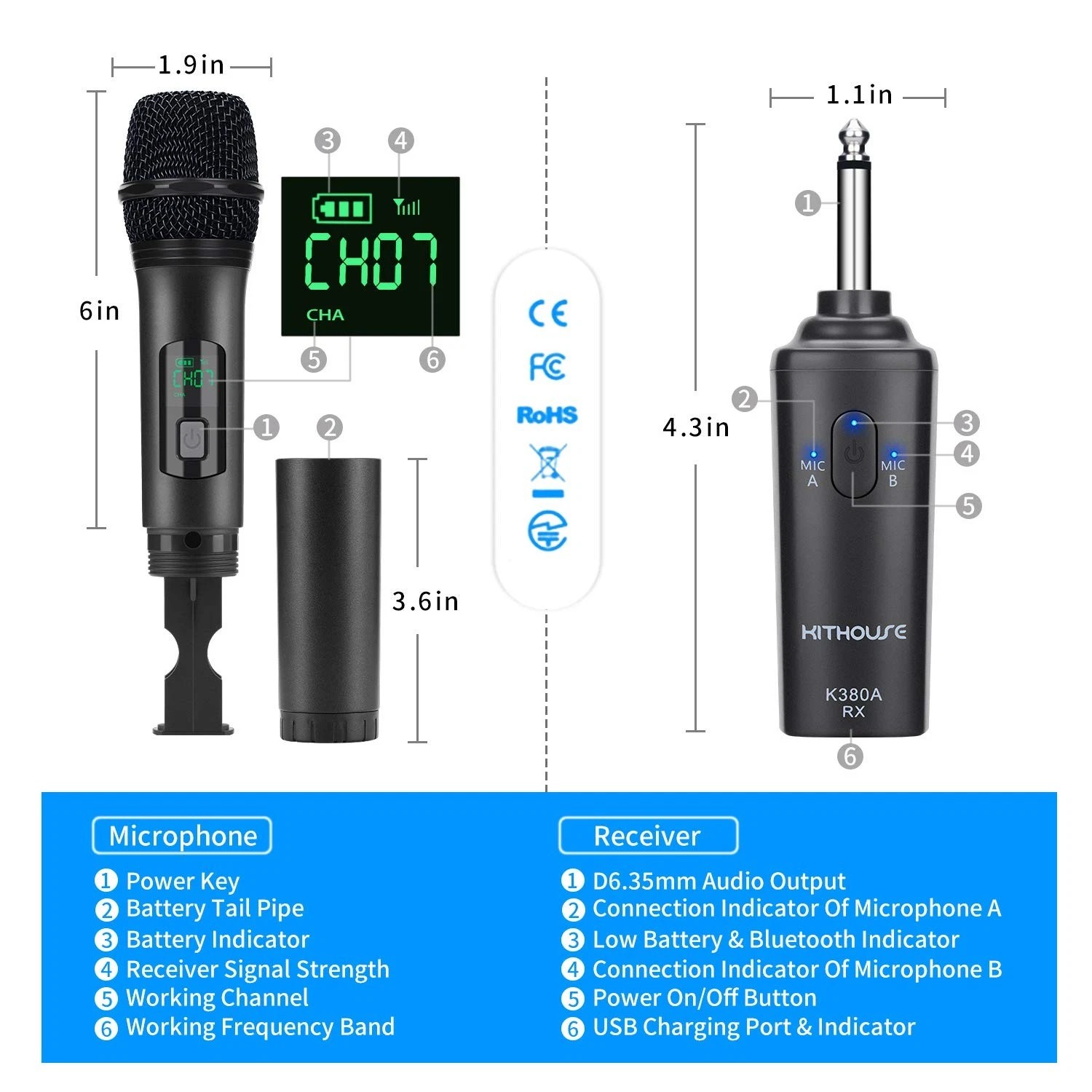 Kithouse K380A Wireless Microphone Dual Black Handheld Mics Bluetooth 1/4in TS