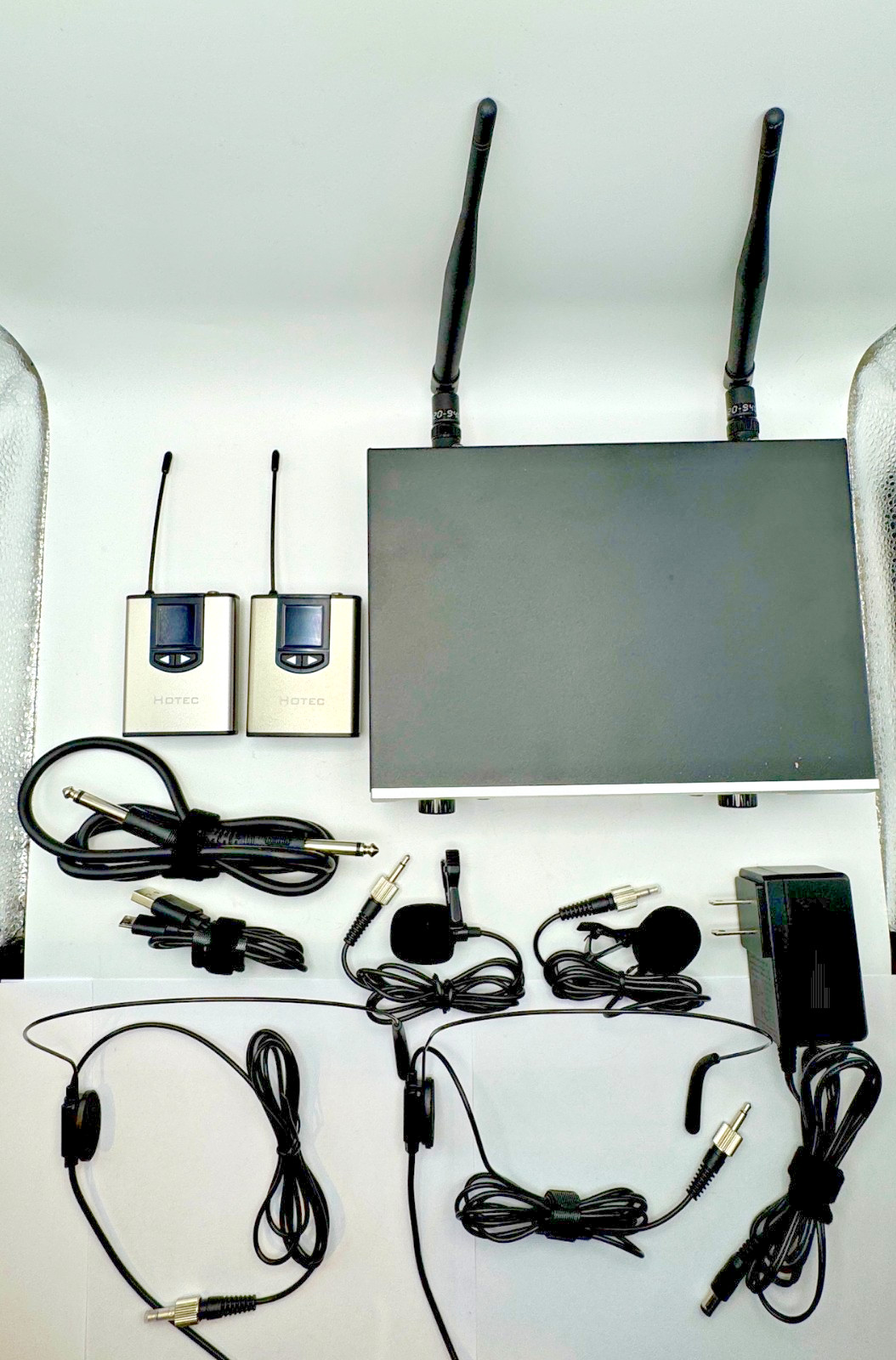 Hotec H-K25 UHF Wireless Microphone System with Dual Headsets and Lapel Mics