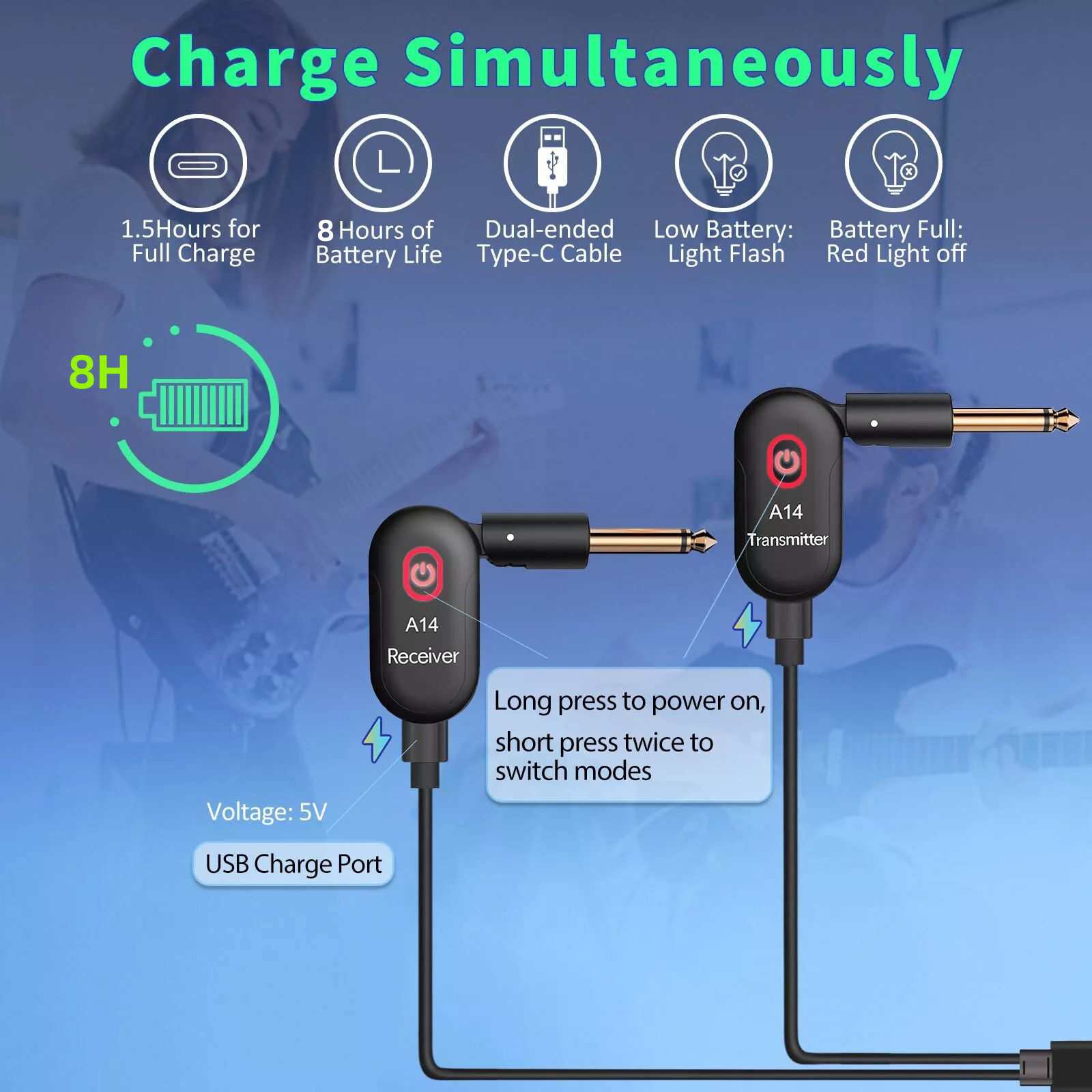 2.4GHz Wireless Audio System for Electric Guitar Bass Violin 30M Transmission