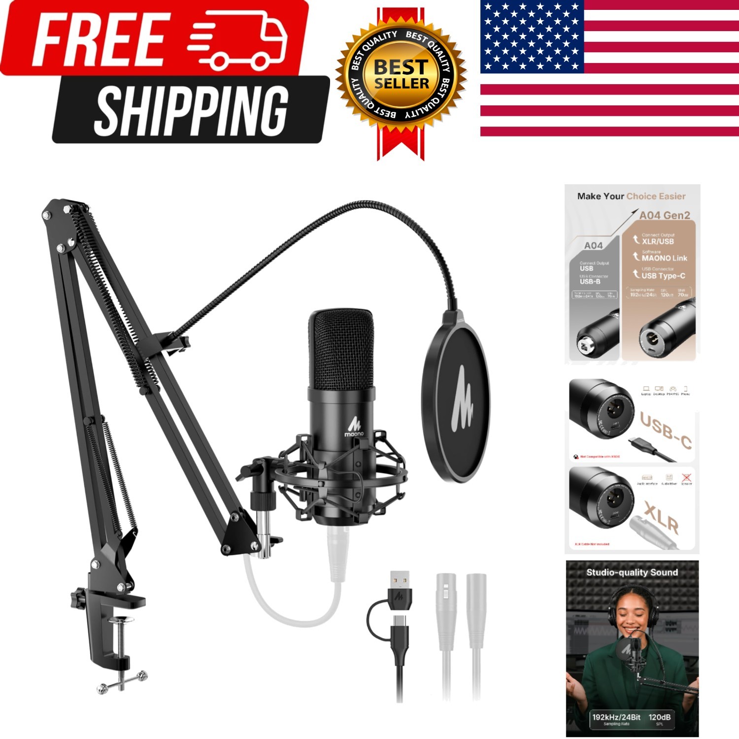 A04 Gen2 XLR/USB Condenser Microphone Kit for PC Podcast Recording | 192kHz/2…