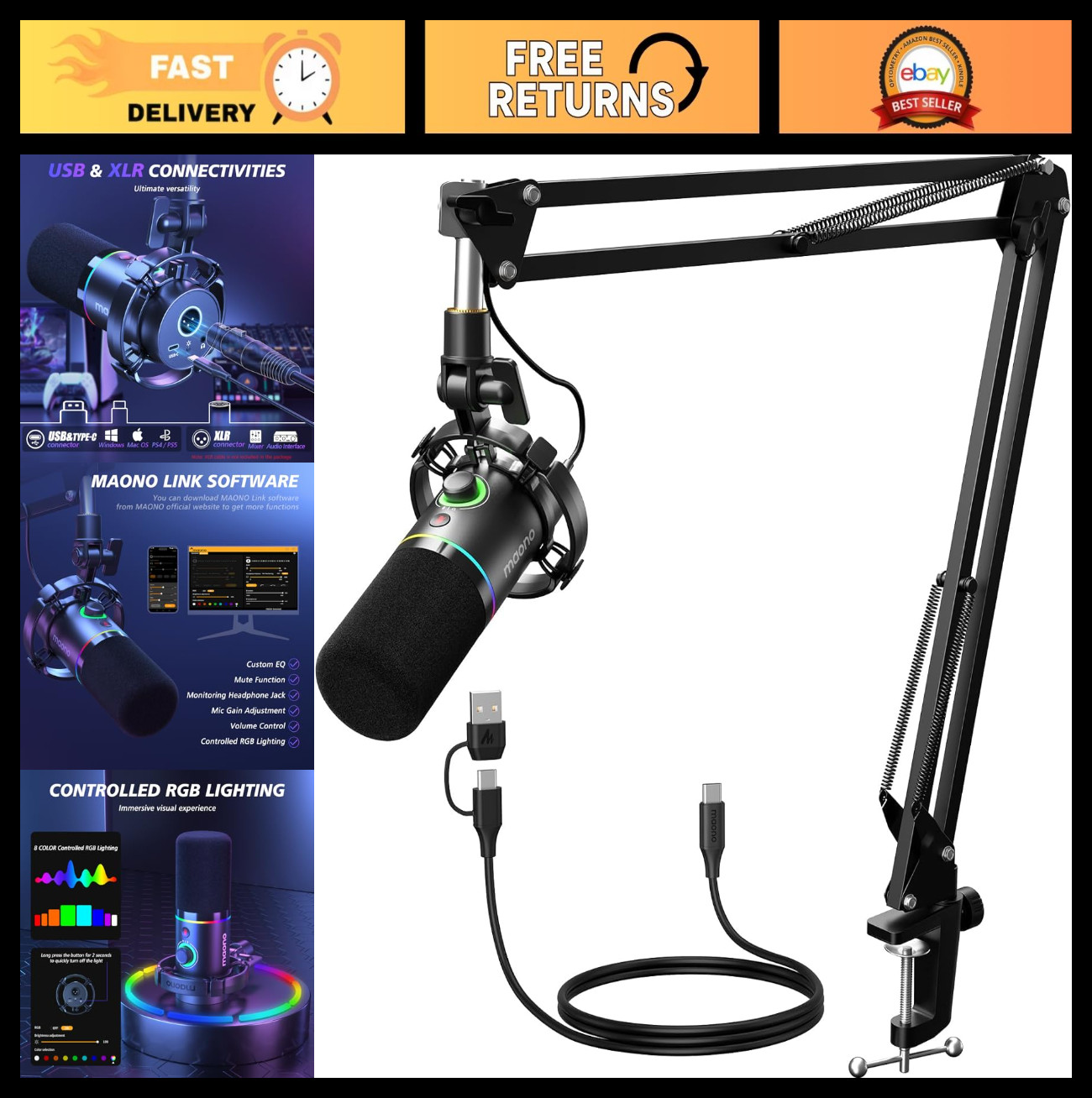 Dynamic XLR/USB Microphone Kit with RGB Lighting, Mute, Gain Control, Boom Arm f