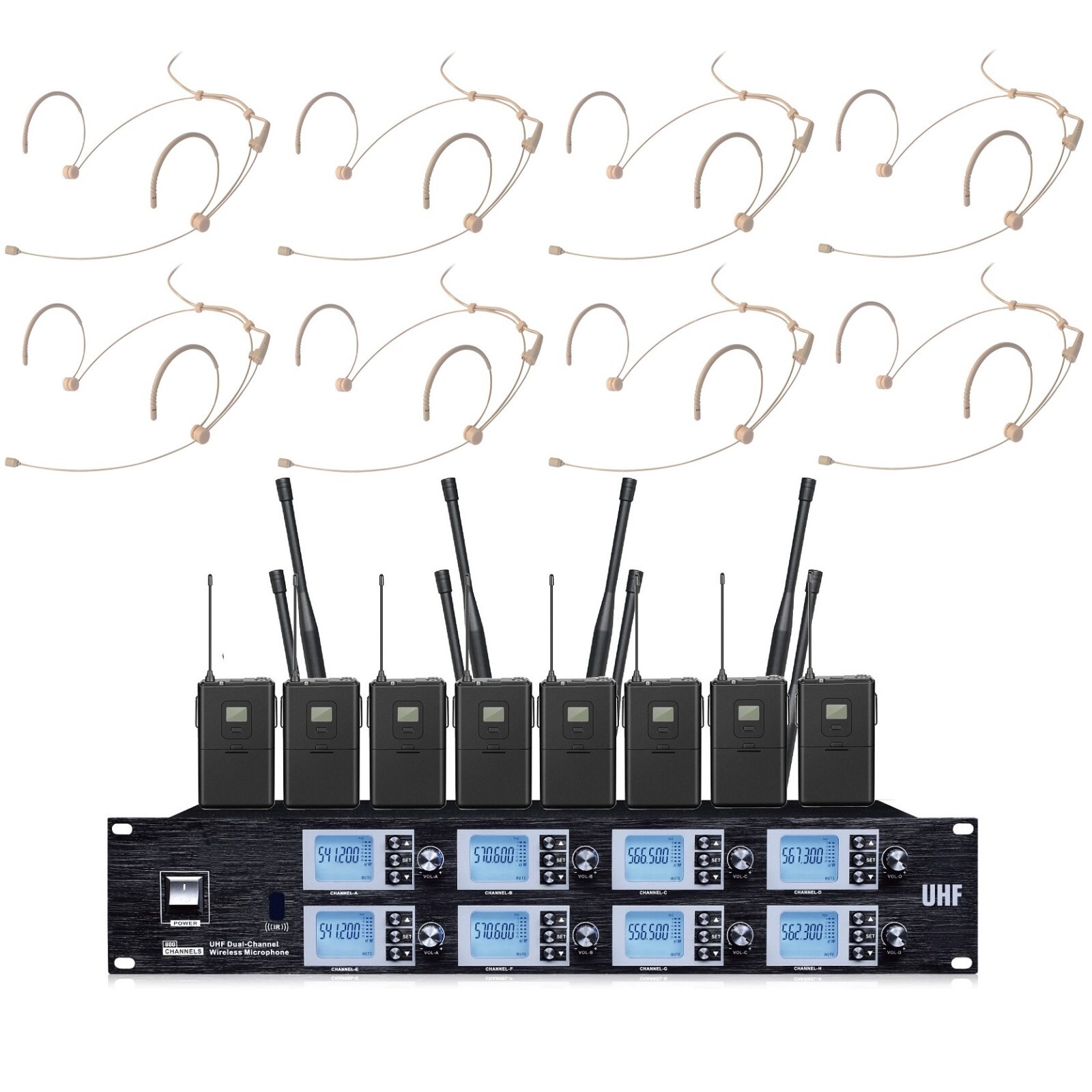 8 Channel UHF Pro Audio Wireless Microphone System 8 Headset Condenser Beige
