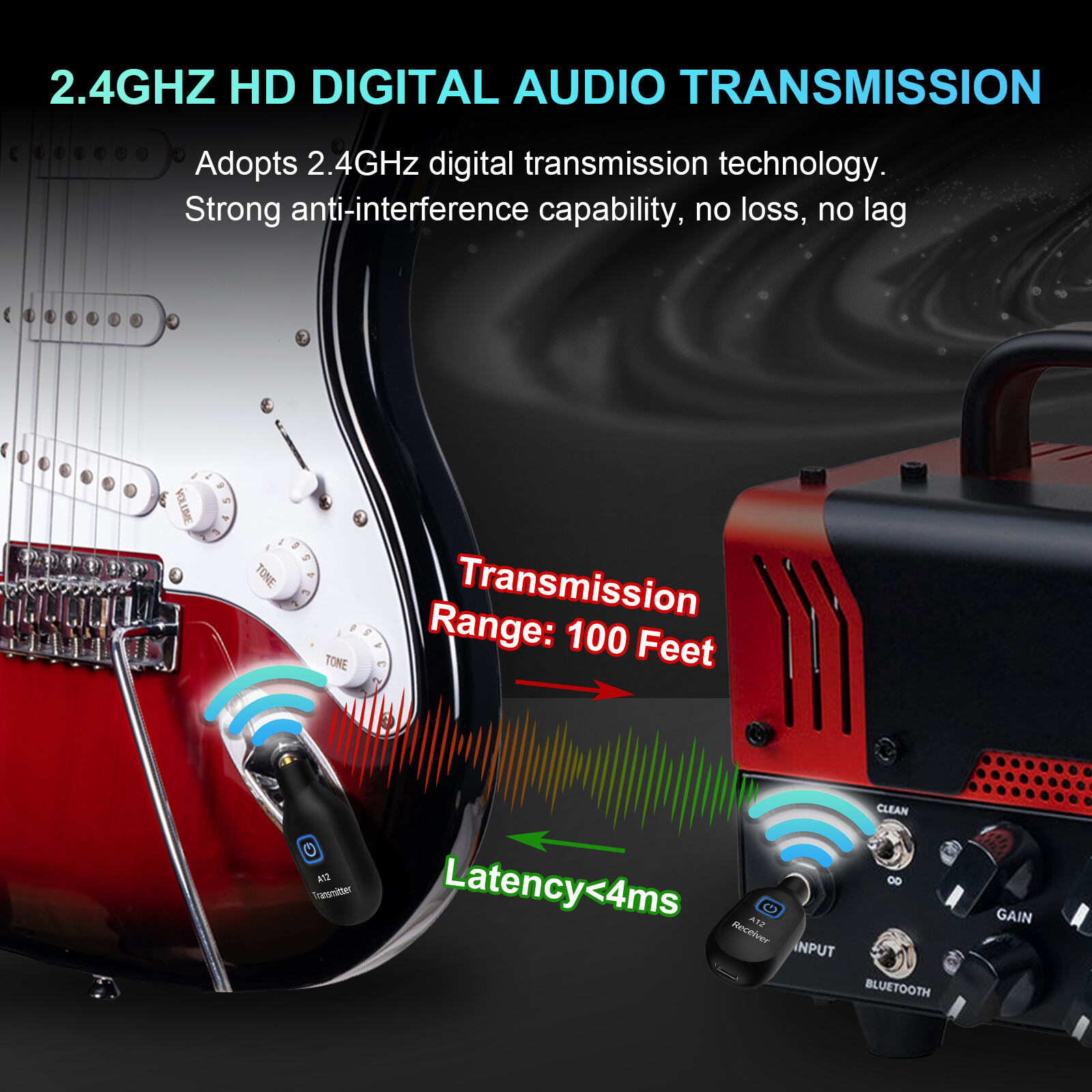 2.4GHz Wireless Guitar System Transmitter Receiver fit Bass Digital 100feet/30M