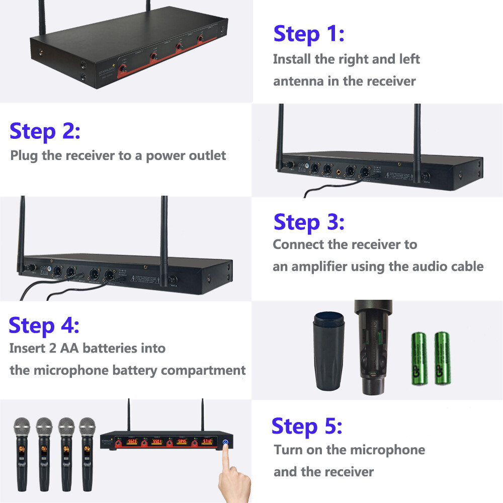 4 Channel Wireless Microphone System 4CH UHF Handheld Adjustable Frequency Mic