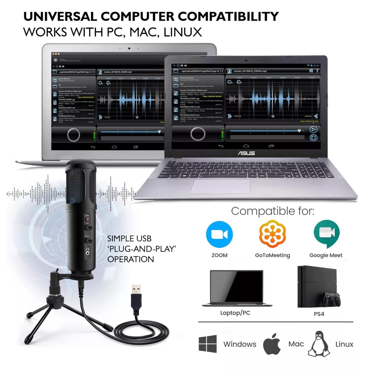 USB PC Recording Condenser Microphone – Blue LED, Adjustable Gain, Headphone …
