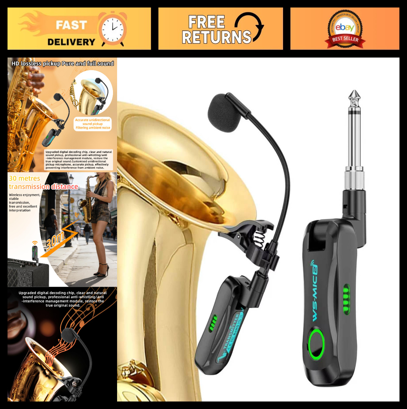 Wireless Clip-On Saxophone Microphone System – 2.4G Brass Instrument Mic for Tru