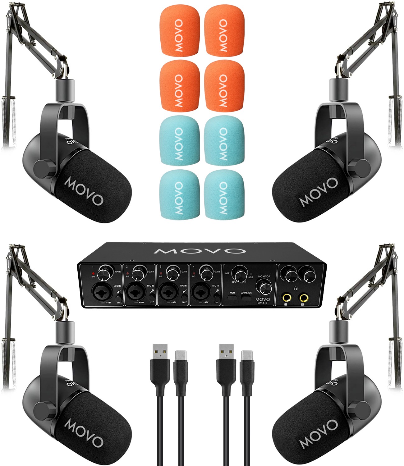 Movo 4-Person Podcast Equipment Bundle With Boom Arms