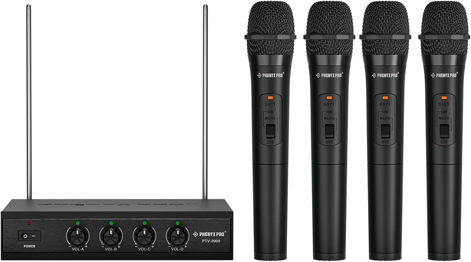Wireless Microphone System, 4 Channel VHF Wireless Mics, W/ 4 Handheld Dynamic M