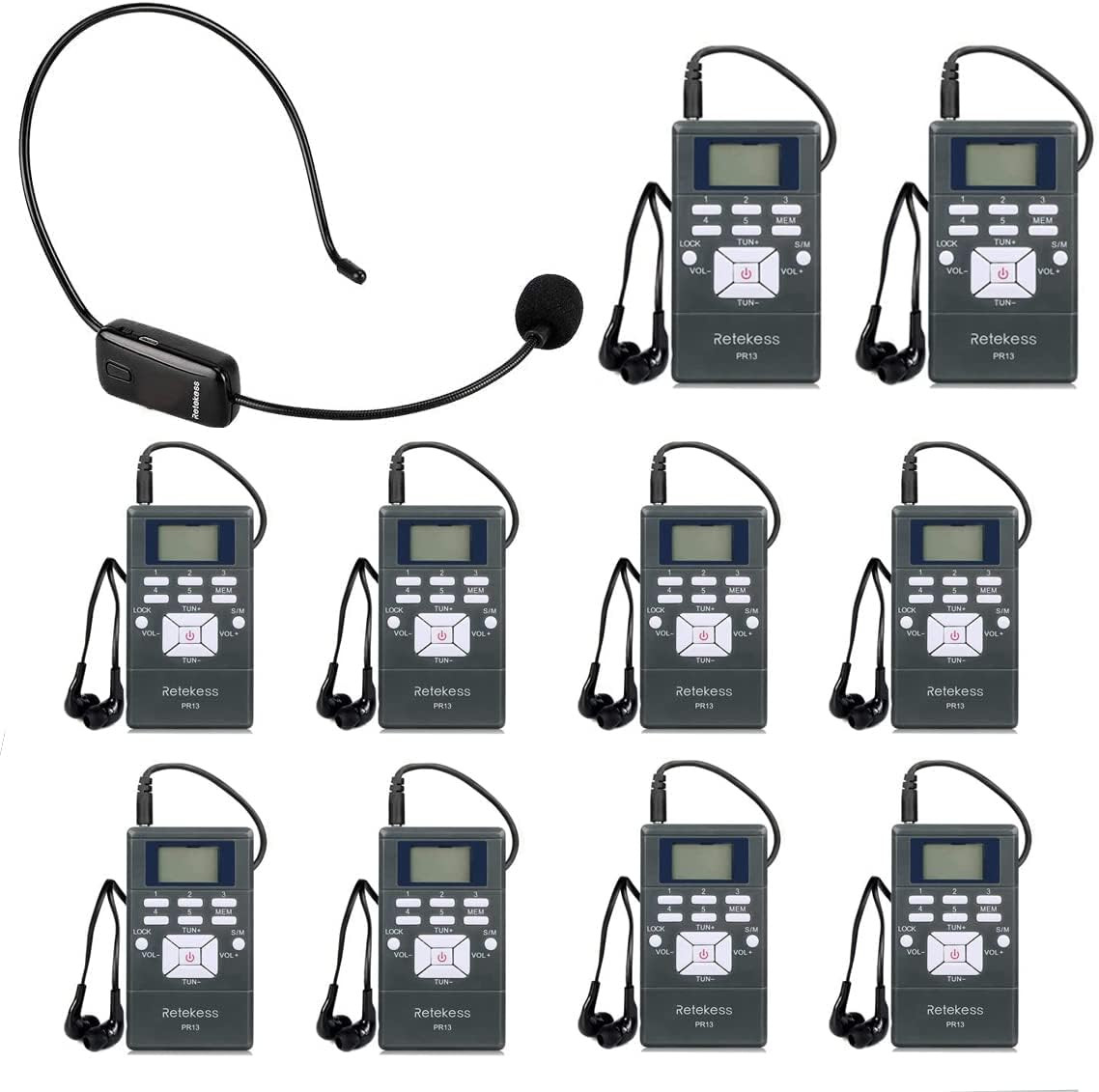 Church Translation System with 1 TR503 FM Transmitter Headset and 10 PR13 FM Rad