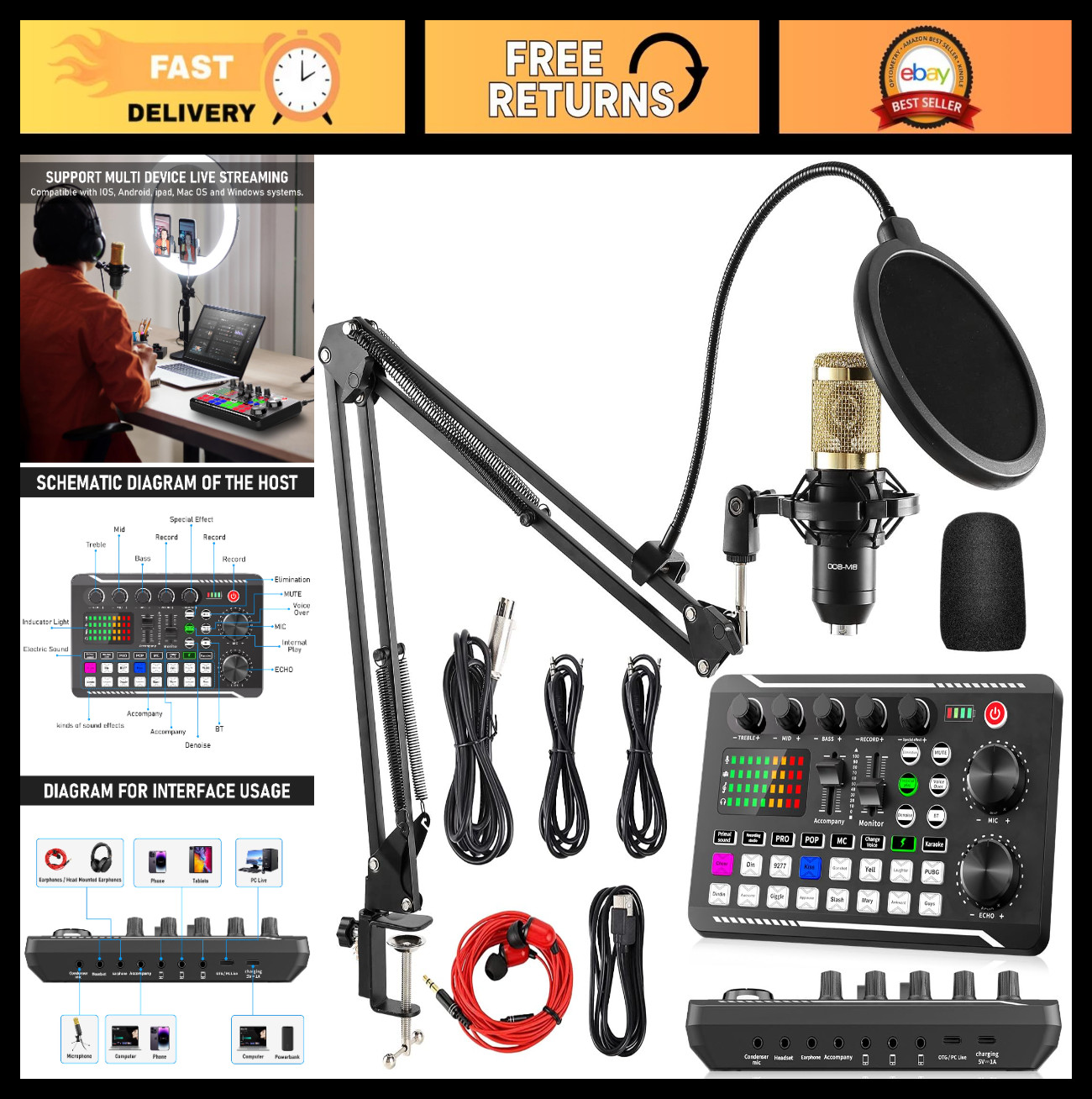 Podcast Equipment Bundle – Live Sound Card & BM800 Microphone, DJ Mixer Effects,