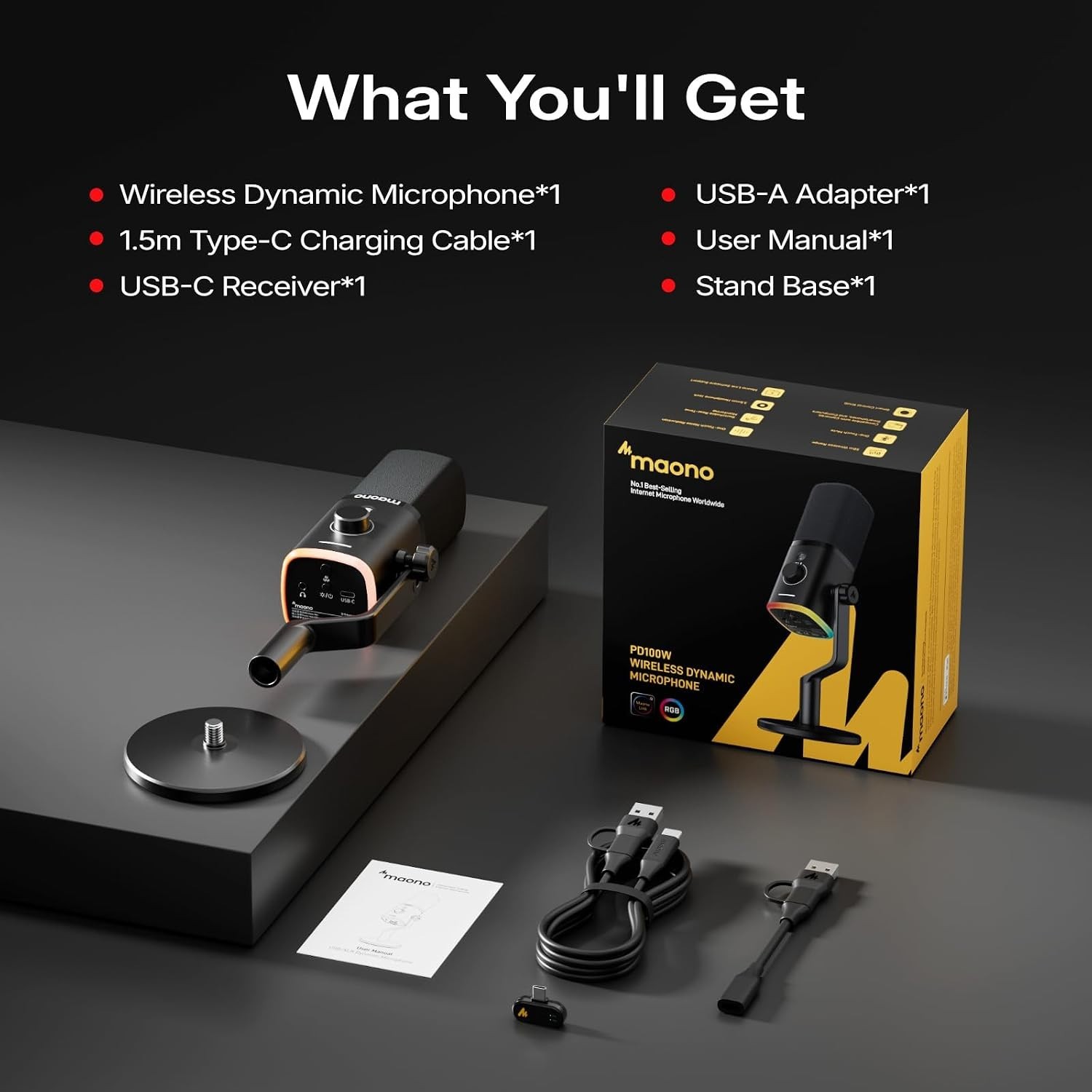Maono PD100W Wireless Dynamic Desktop Microphone RGB Podcast Streaming Mic Black