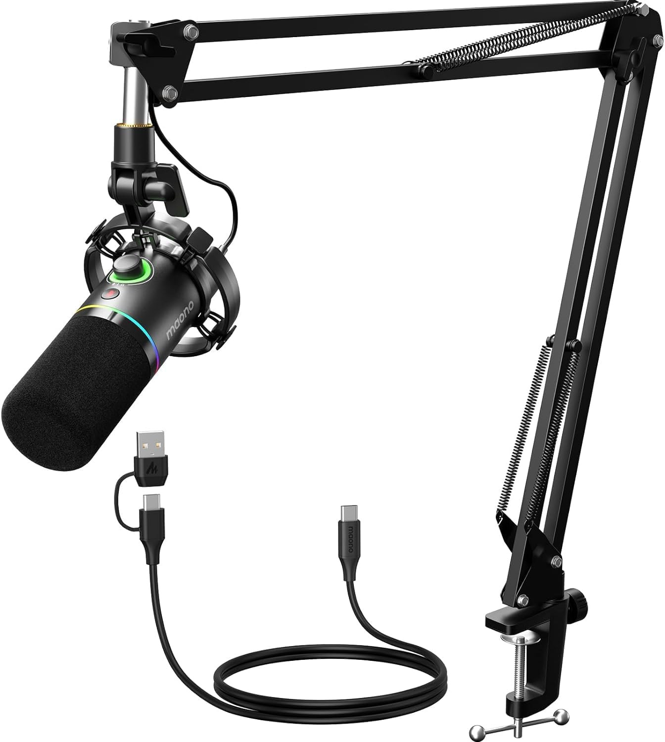 Microfono dinamico USB y XLR para podcast con brazo de soporte y control RGB