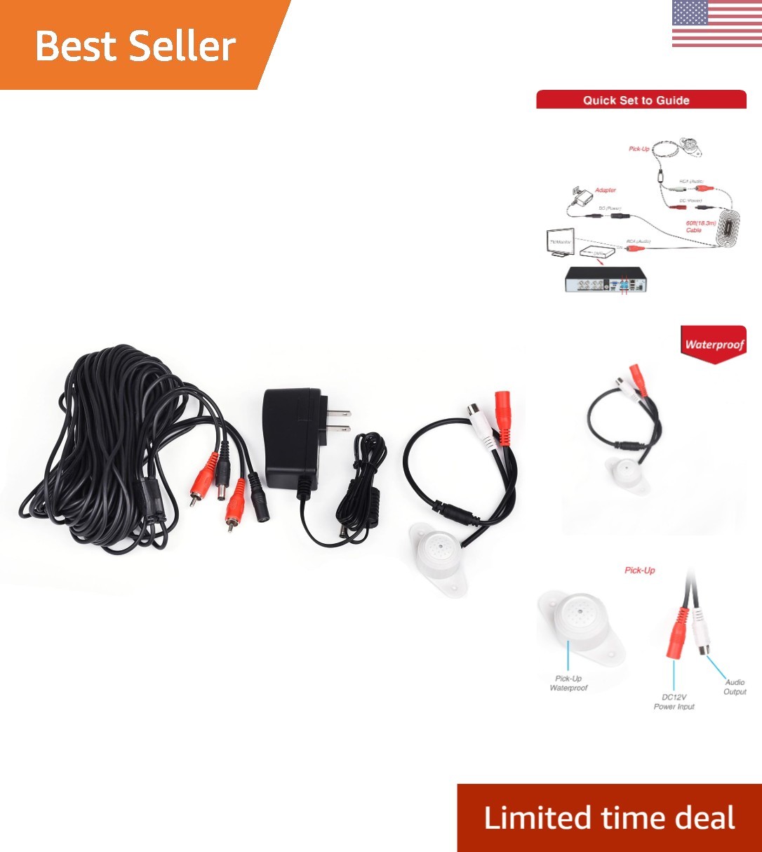 Miniature Weatherproof Audio Microphone Kit for CCTV 60ft Cable & Power Supply