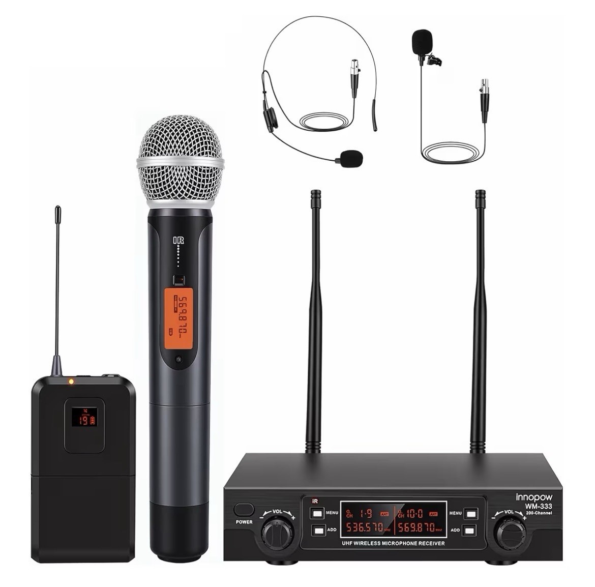innopow WM-333HB UHF Wireless Dual Handheld Microphone System 200-Channel