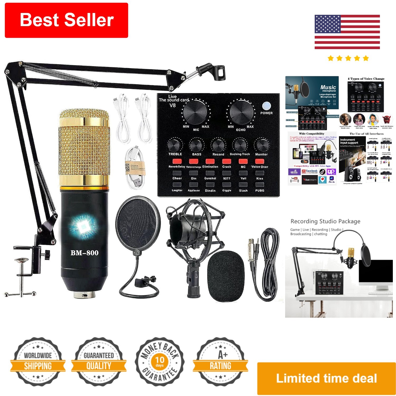 Podcast Equipment Bundle – BM-800 Recording Studio Package with Live Sound Card