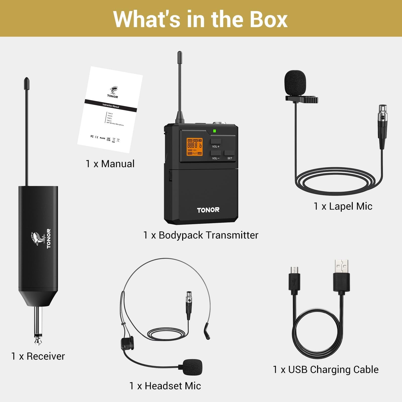 UHF Wireless Microphone System – Headset & Lavalier Mic, Rechargeable, 60m Range