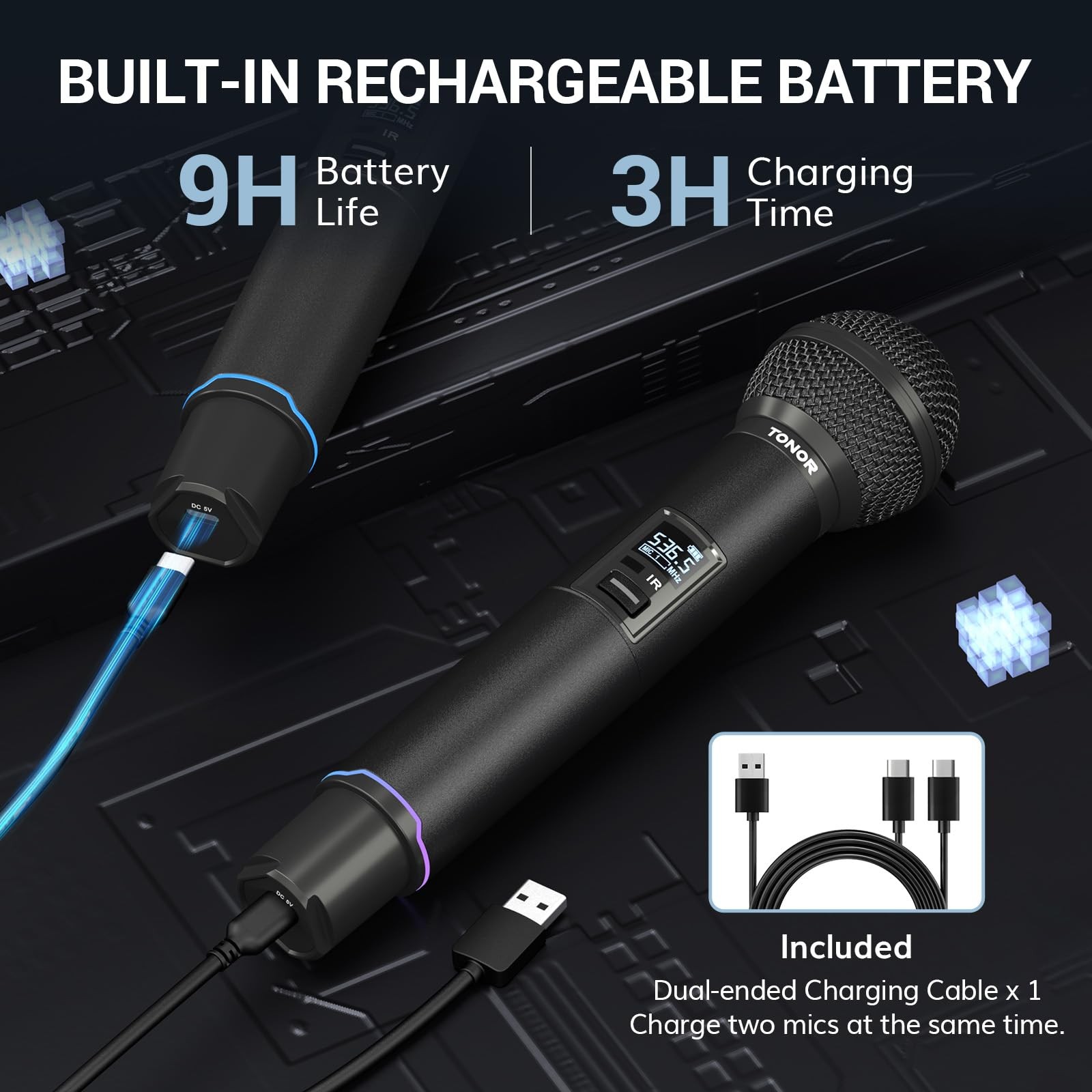 TONOR Rechargeable Wireless Microphone System, Dual Metal Handheld Black