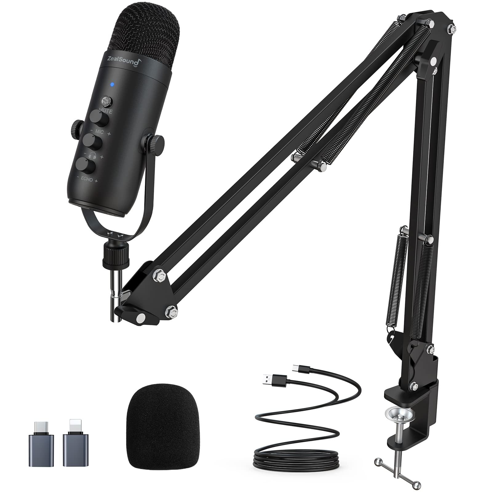 ZealSound Podcast Microphone with Boom Arm, USB Mic with Noise Reduction, Mut…