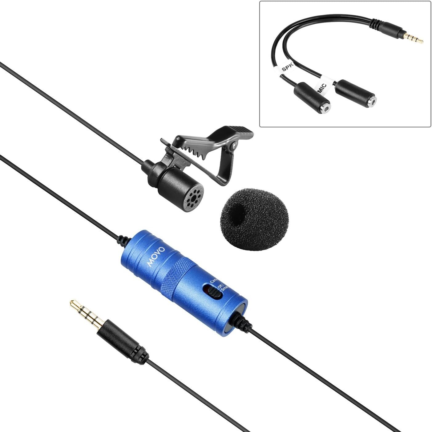 Movo LV1 Lapel Clip-on Mic w/ Headphone Monitoring, Blue, for DSLR Smartphone +