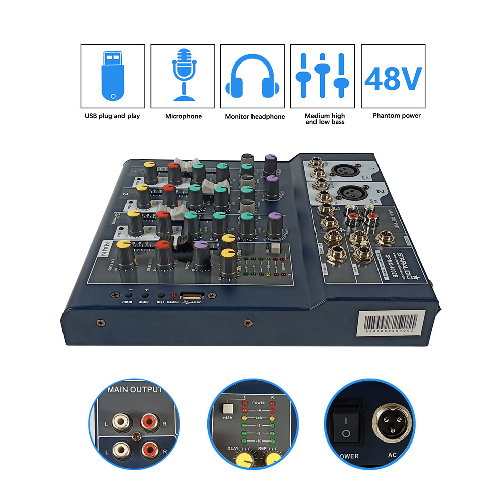 2CH Wireless UHF Handheld Microphone W/ 4ch Mini Studio mixer Effects DJ Mixing