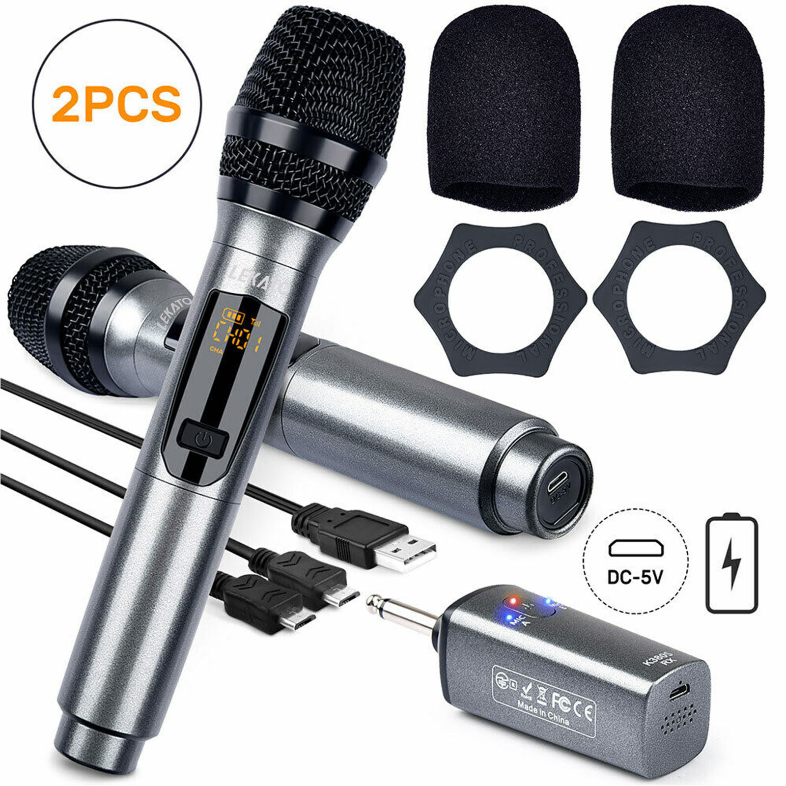 LEKATO Wireless Microphone UHF Dual Handheld Dynamic Mic Receiver Rechargeable
