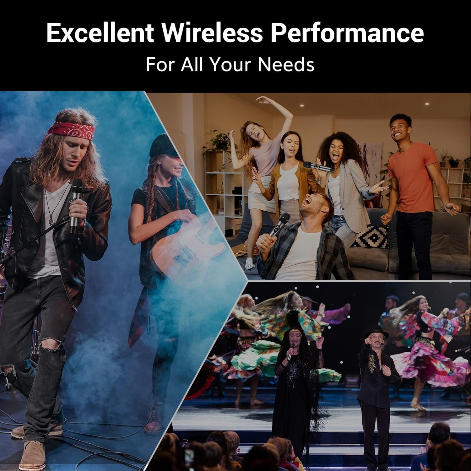 Wireless Microphone System with 4 Handheld Mics 90m Transmission Range Silver