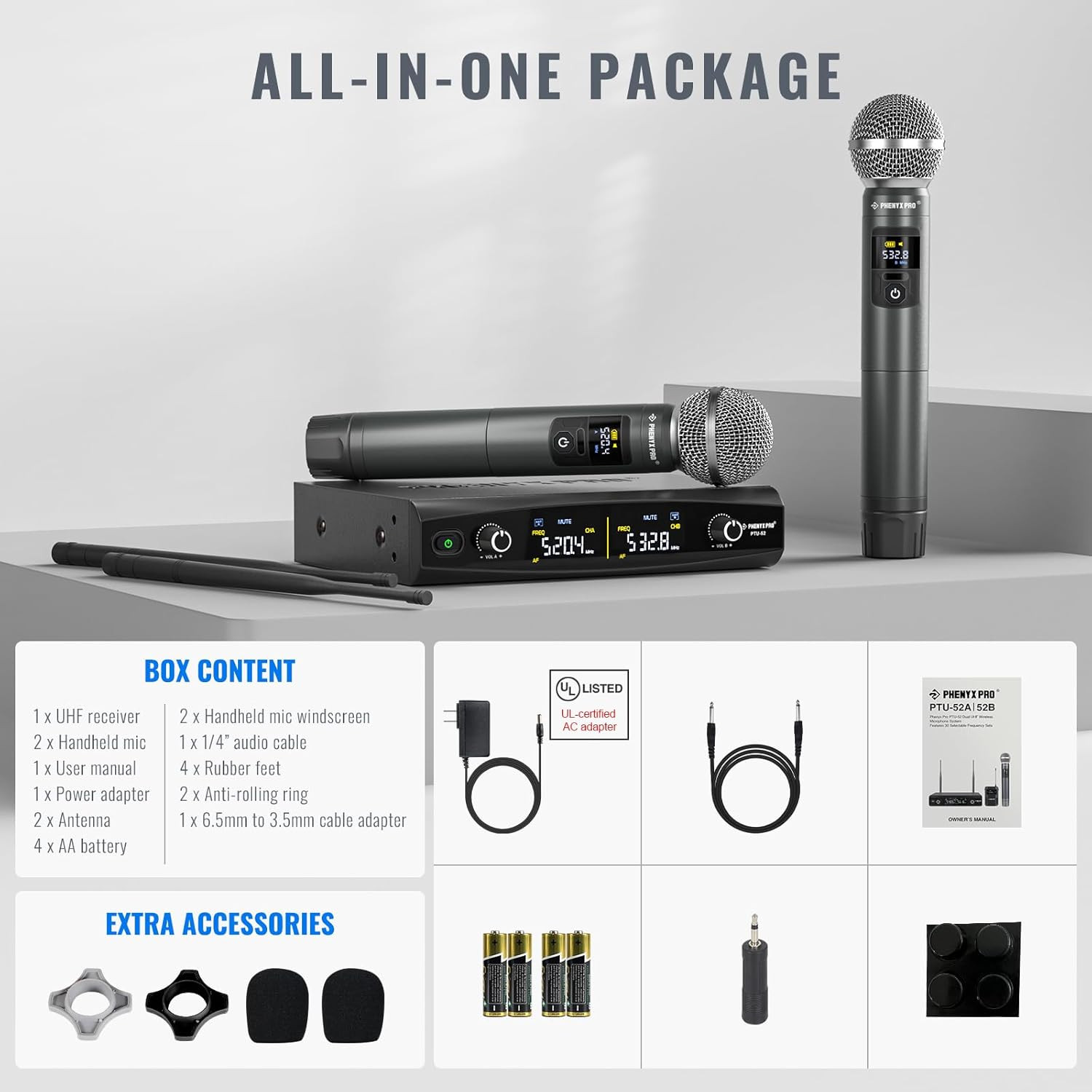 Wireless Microphone System, Metal Wireless Mic Set, Handheld Cordless Dynamic Mi