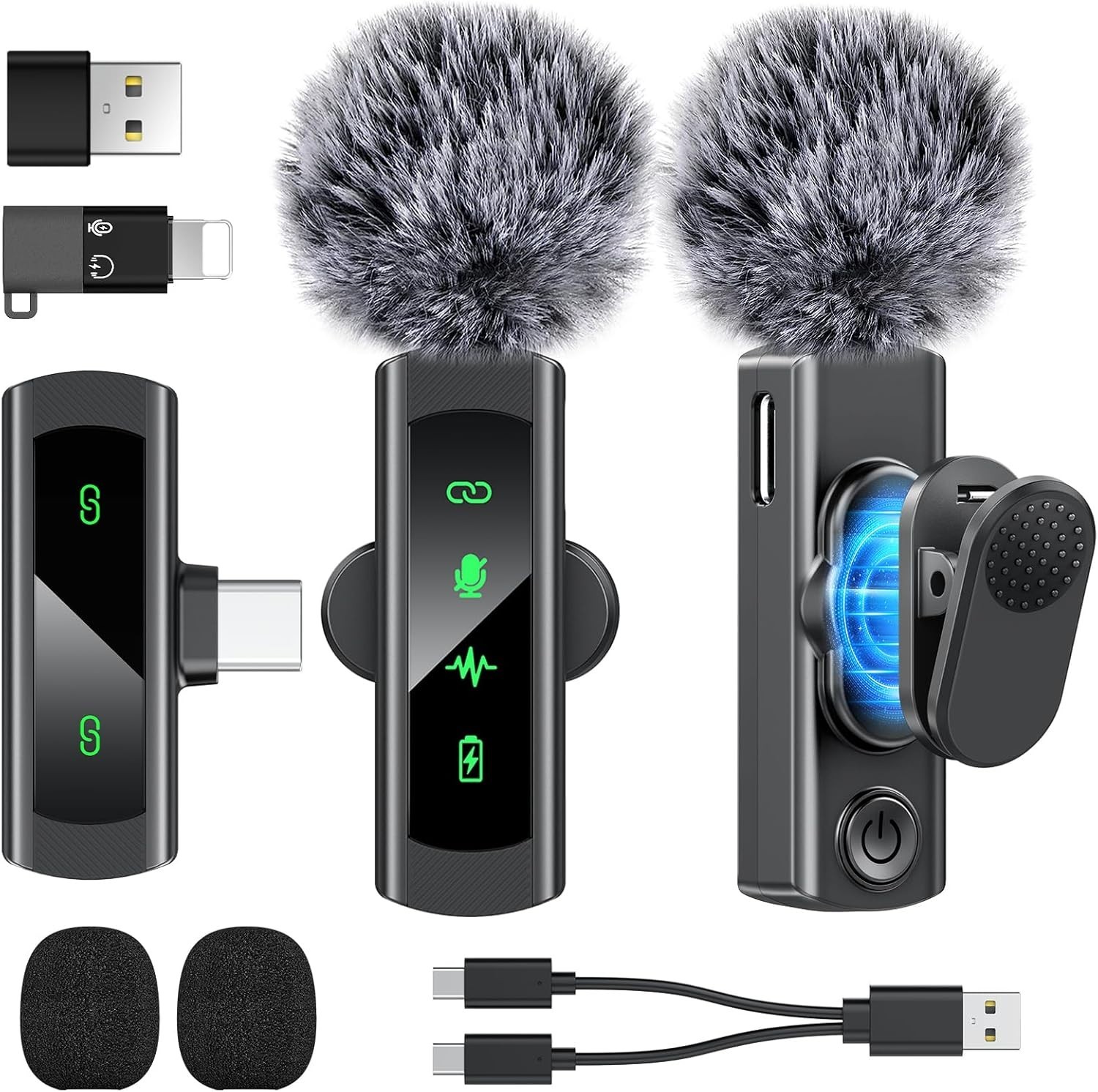USB C Wireless Lavalier Microphone for iPhone 15 16, Mini LED Display Microph…