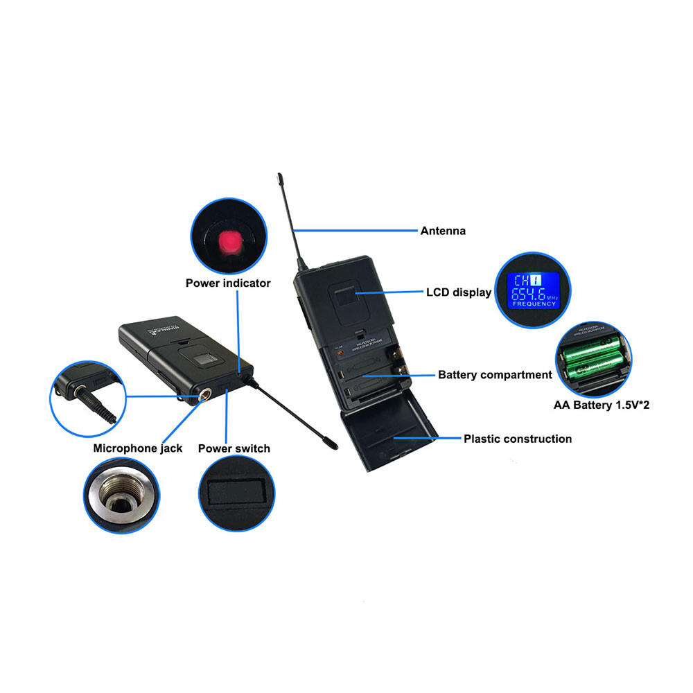 2CH Wireless UHF Microphone System Headset Lavalier Lapel Microphone Church Mics