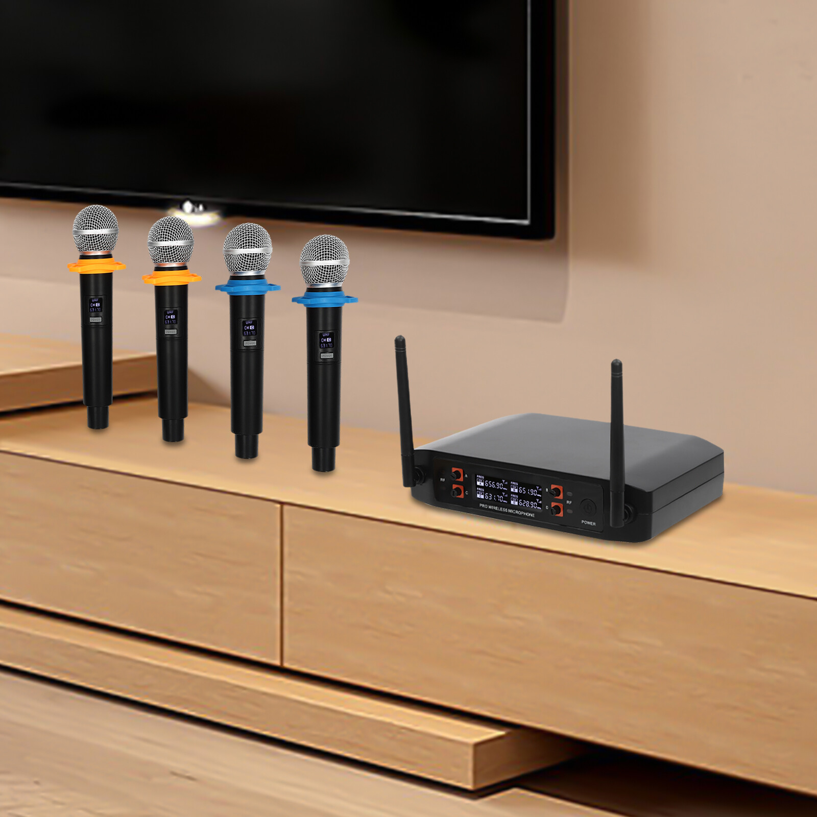 Wireless Microphone System Four Handheld Mics Set 65.62ft Practical Receiver