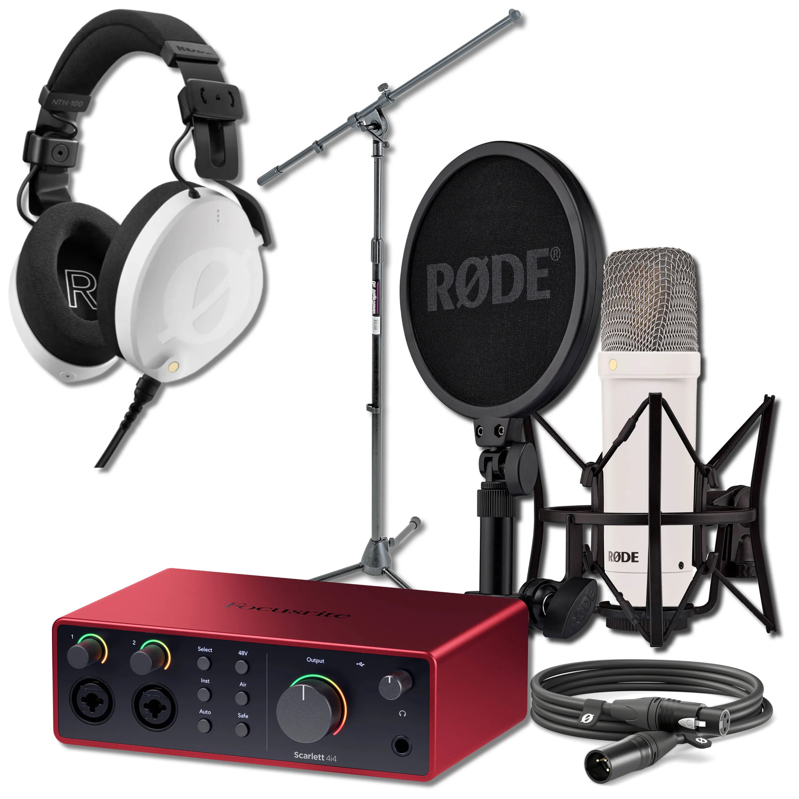 Rode NT1 Signature (White) Mic + Scarlett 4i4 4th Gen + NTH-100 + MS7701B Stand