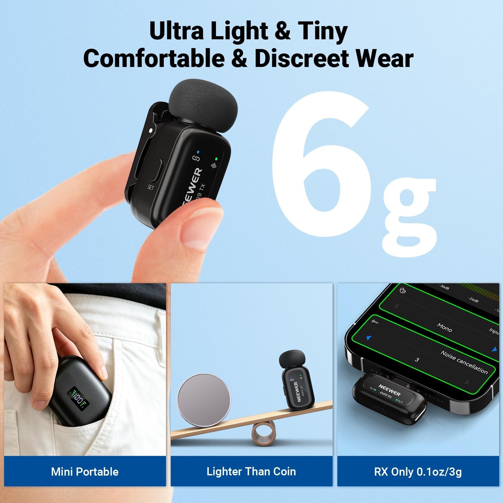 Wireless Mini Lav Mic System for iPhone Android PC 30H Battery App Control