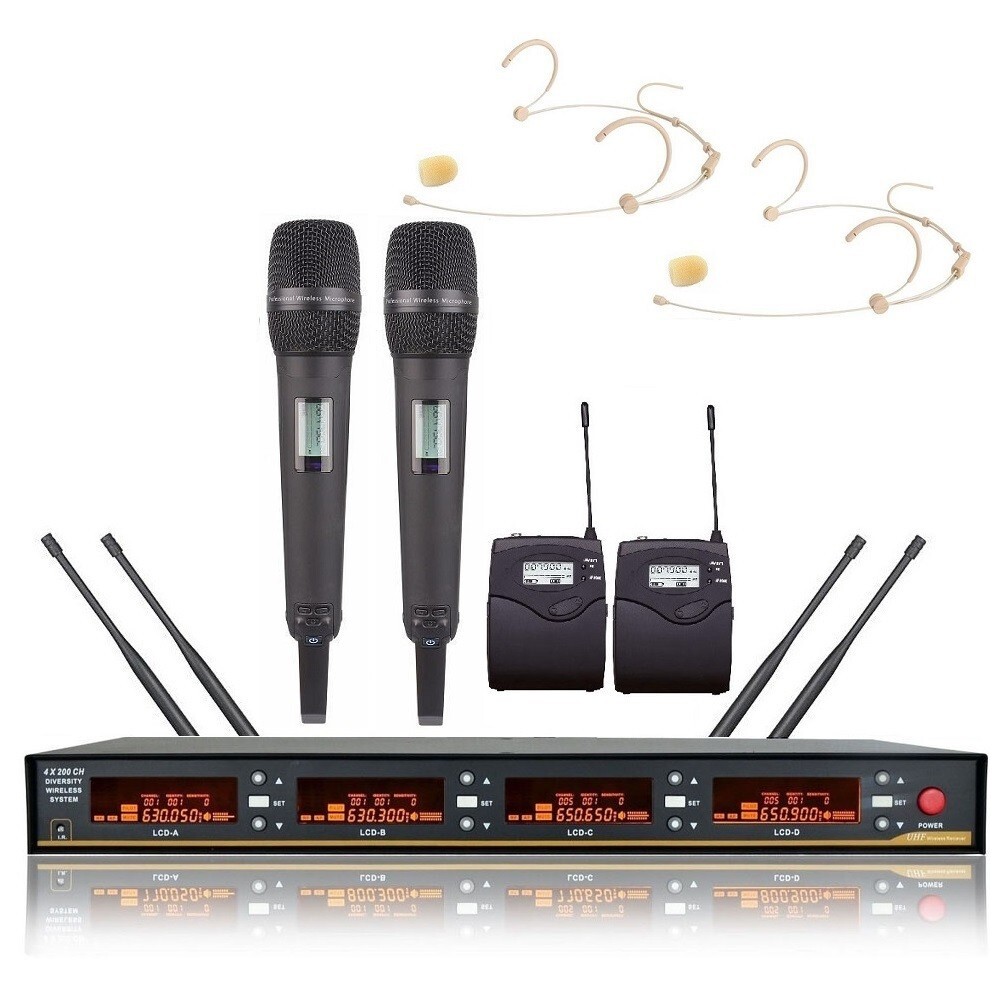 4 Channel UHF Stage Wireless Microphone for Sennheiser 2 Handheld 2 Headset Mike