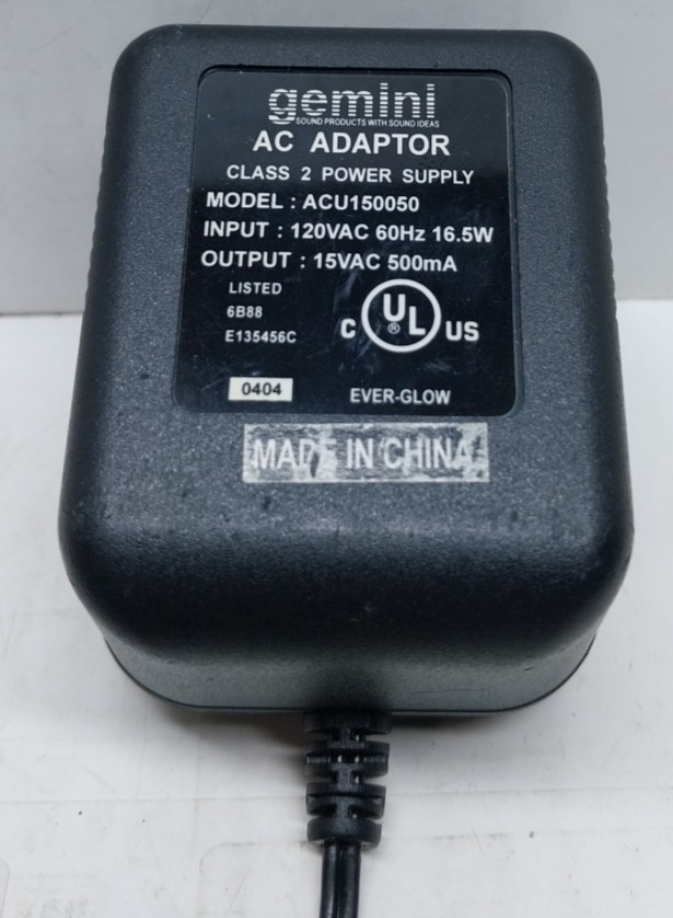 Gemini ACU150050 15v 500mA Power Supply for Wireless Mic System