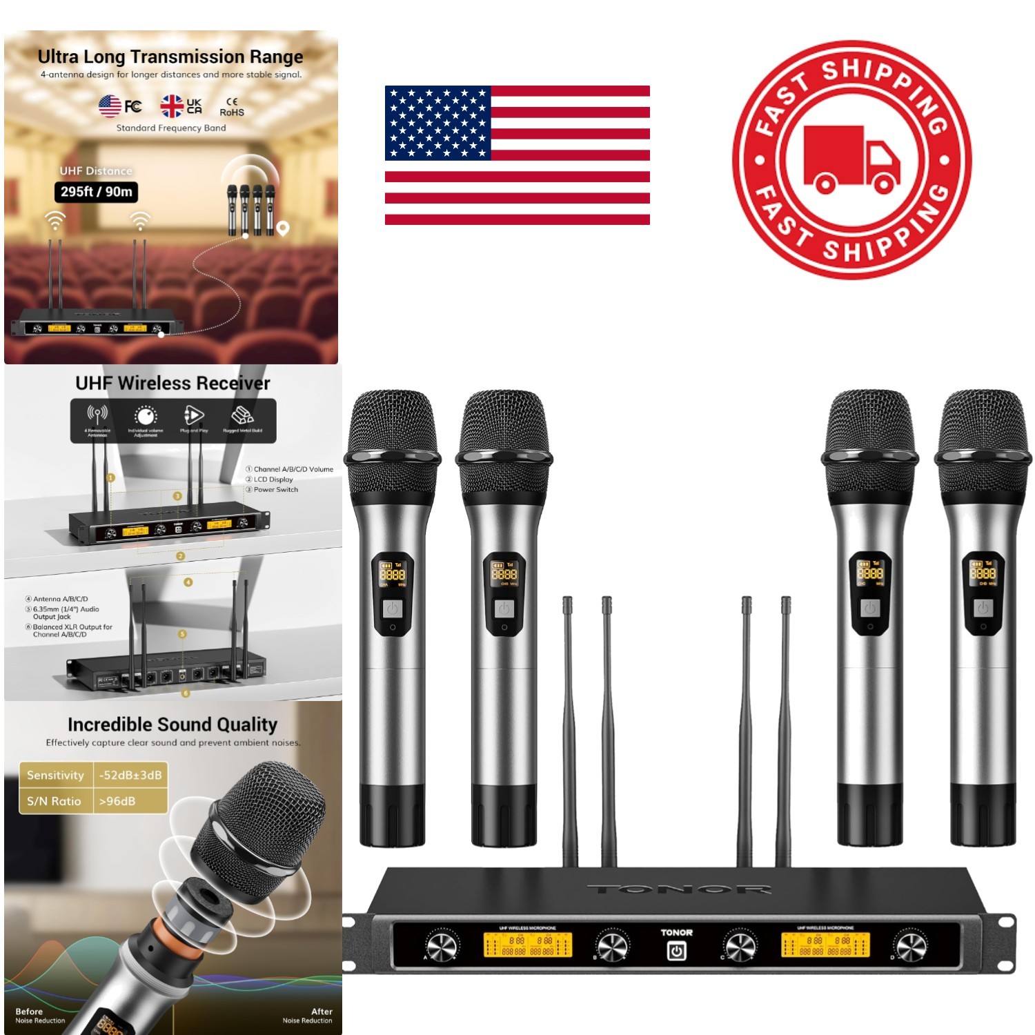 Wireless Microphone System with 4 Handheld Mics 90m Transmission Range Silver