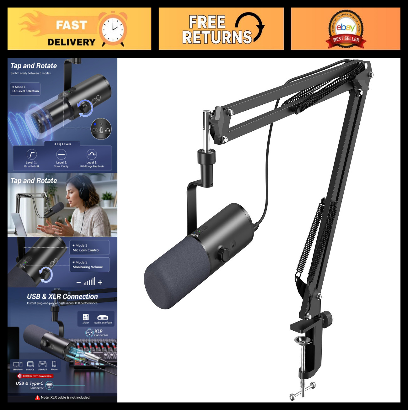 Dynamic Podcast Microphone for Creators – XLR/USB, AI Noise Cancellation, Mute,