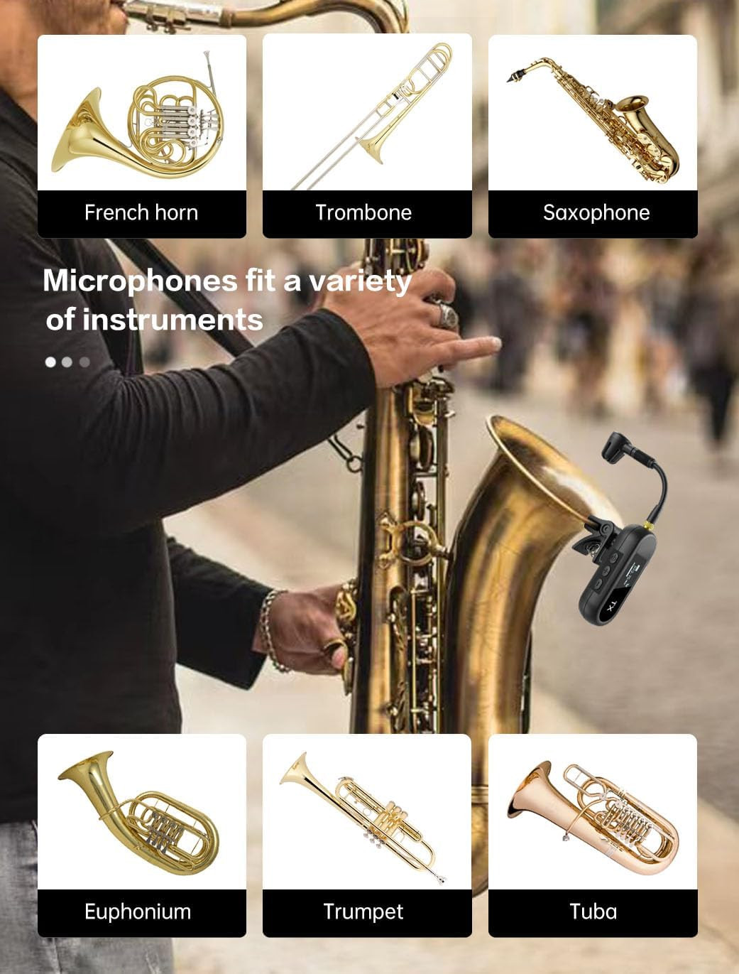 UHF Wireless Saxophone Microphone System with 100ft Range & 8-Hour Battery