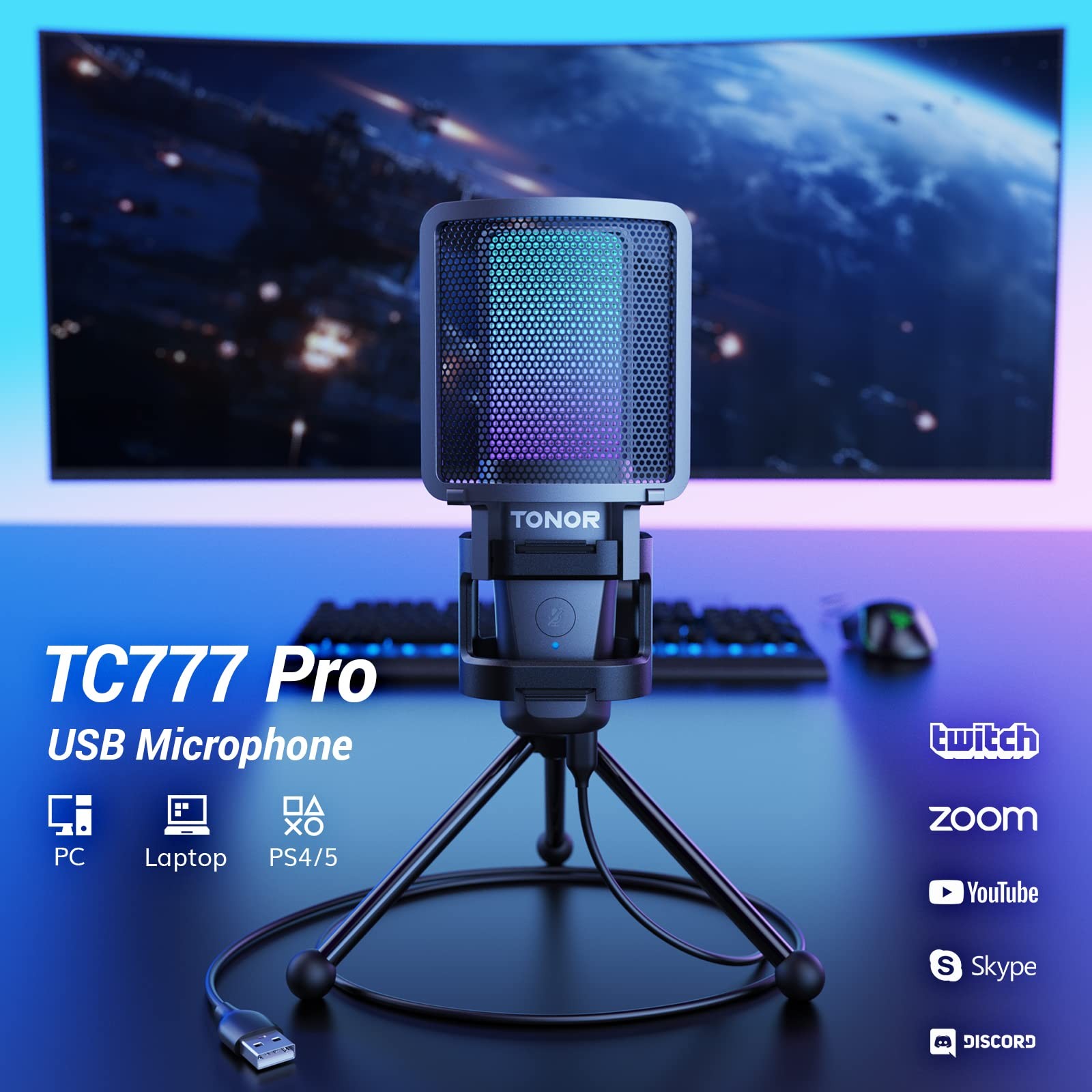 TONOR RGB Microphone for PC Cardioid Mic with Tripod Stand Quick Mute