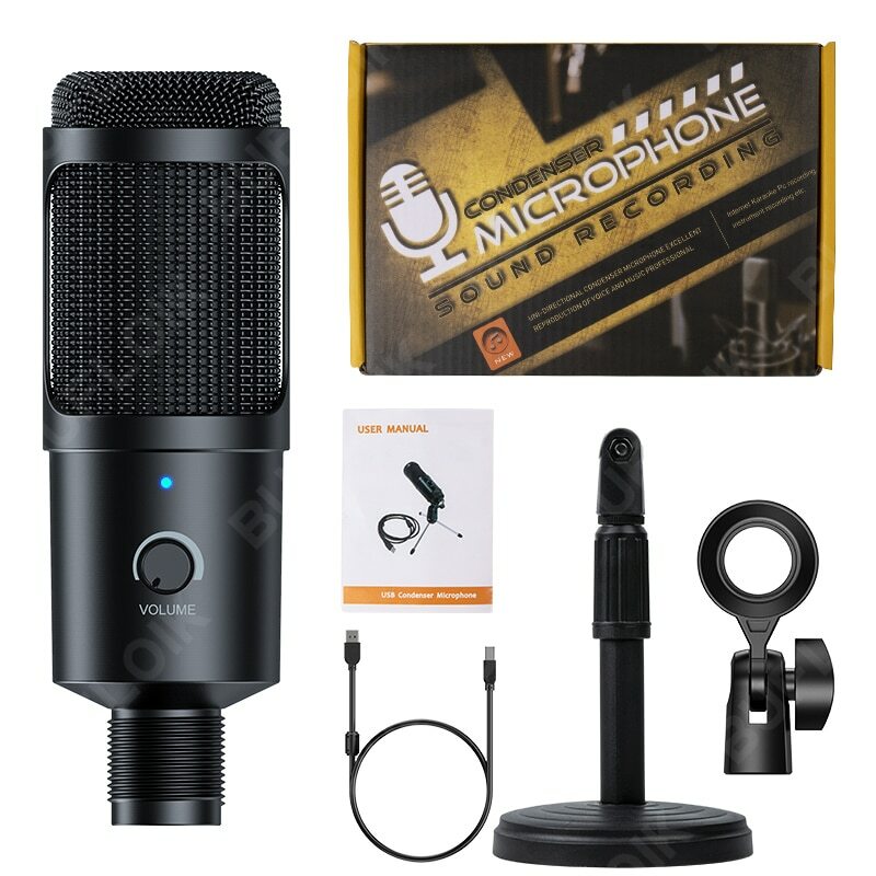 Microphone d’enregistrement USB en métal avec support pour ordinateur portable