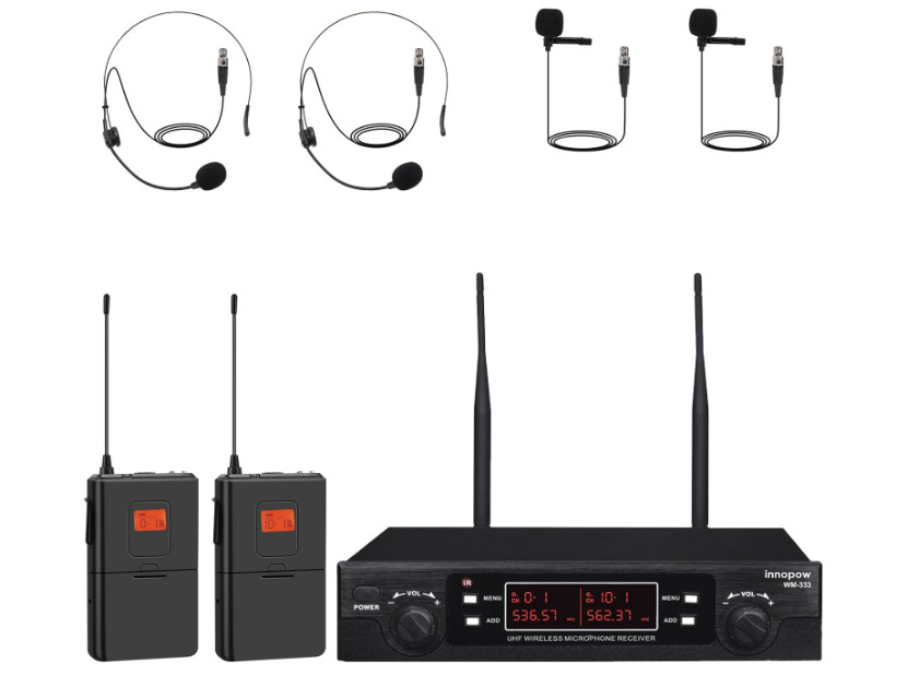 Micrófono lavalier inalámbrico UHF dual, 200 canales, largo alcance y 16 h uso.