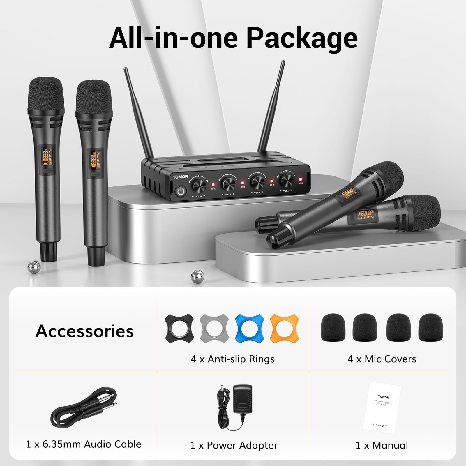 TONOR Wireless Microphones System with 4×10 Channels Cordless Handheld Gray