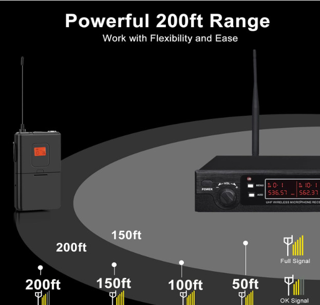 Micrófono lavalier inalámbrico UHF dual, 200 canales, largo alcance y 16 h uso.