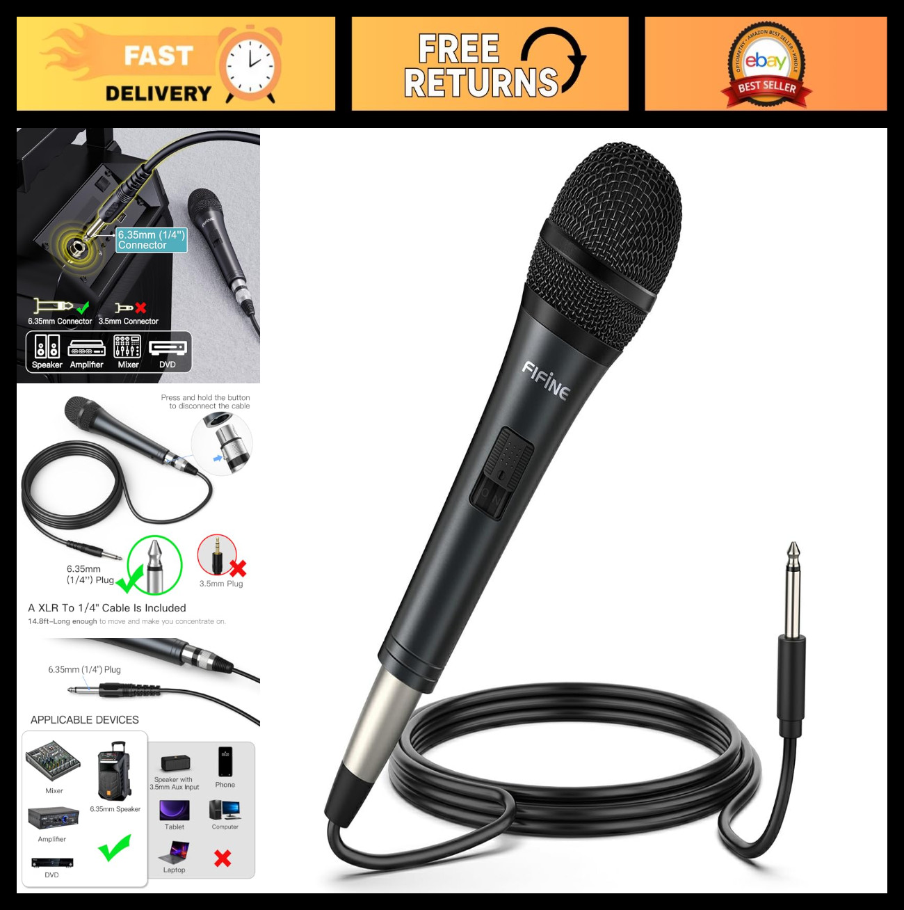 Dynamic Karaoke Microphone with On/Off Switch, 14.8ft Detachable Cable, Wired Ha