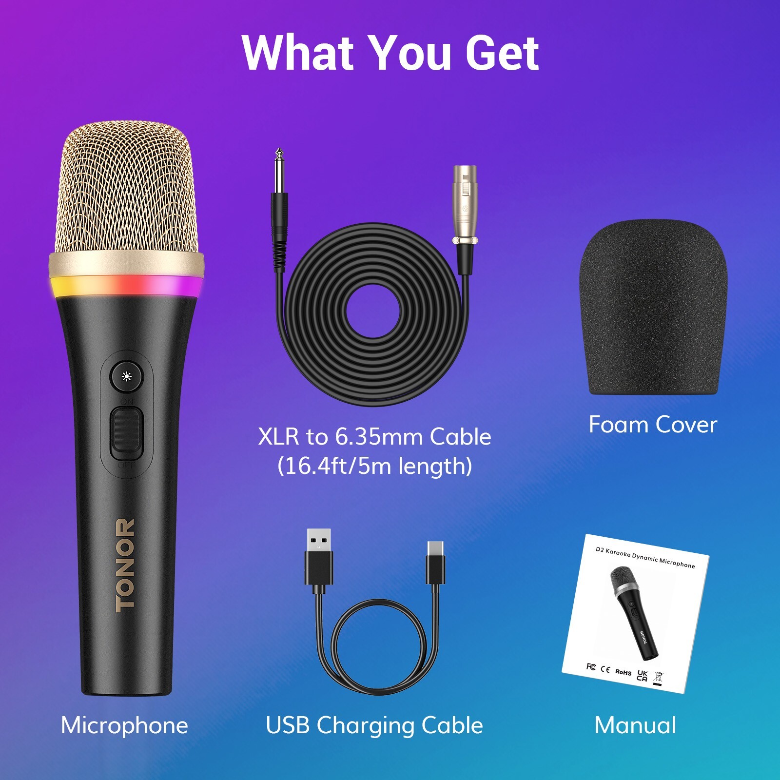 TONOR RGB Dynamic Karaoke Microphone for Singing with 5M XLR Cable