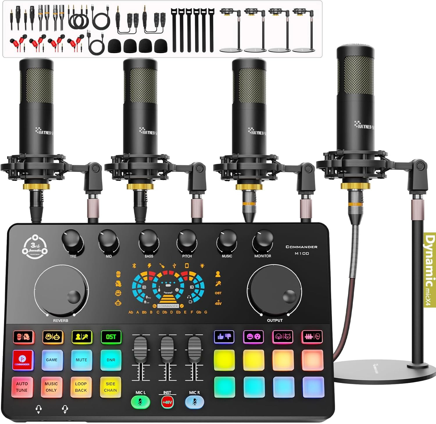 Podcast Equipment Bundle for 4, Audio Interface with 4 Dynamic Microphone, 4 Des