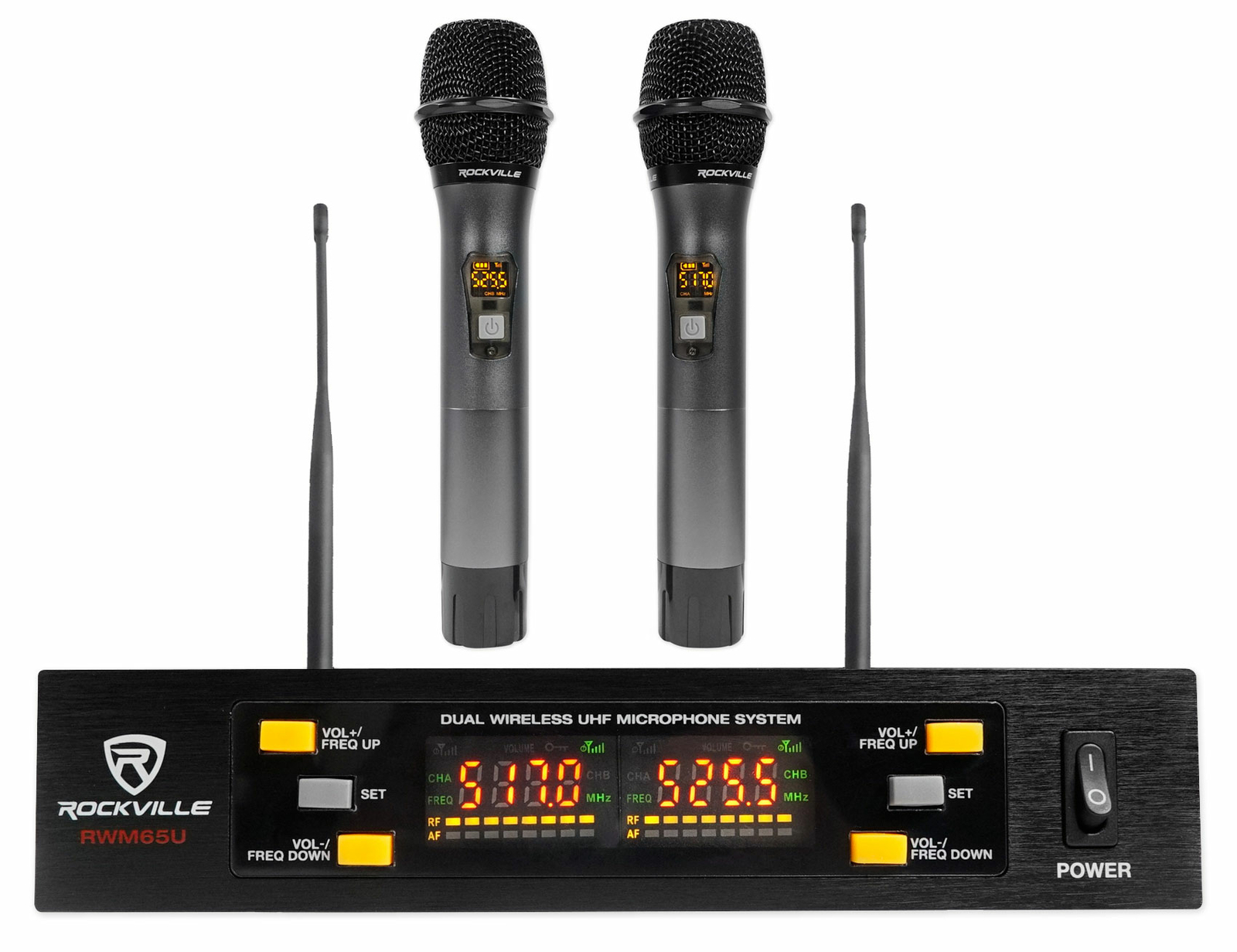 Rockville RWM65U Dual UHF 15 Channel Metal Handheld Wireless Microphone System