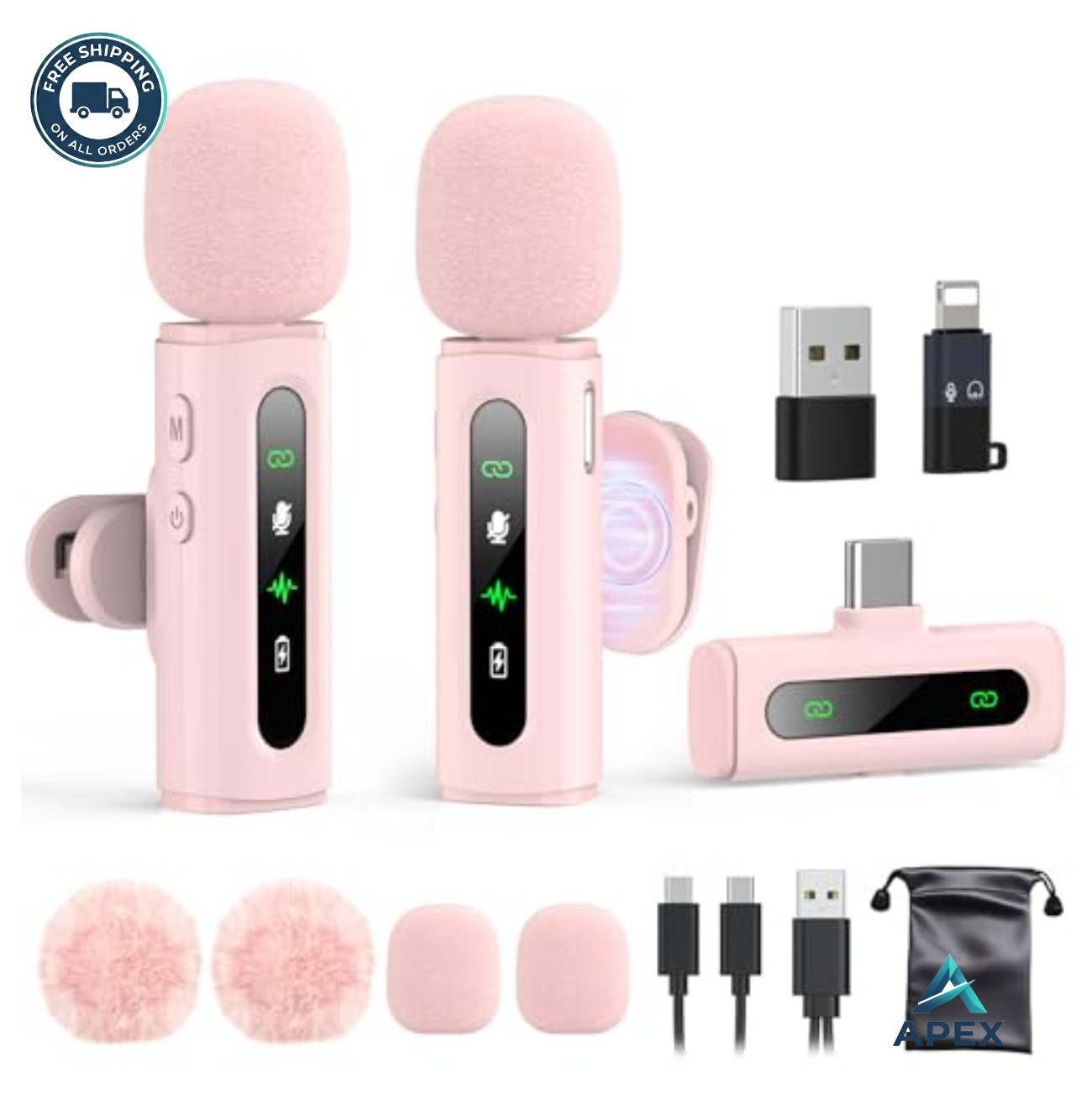 Wireless Lavalier Microphone USB C Denoise Clip On Pink 2 Pack for Phone Tablet