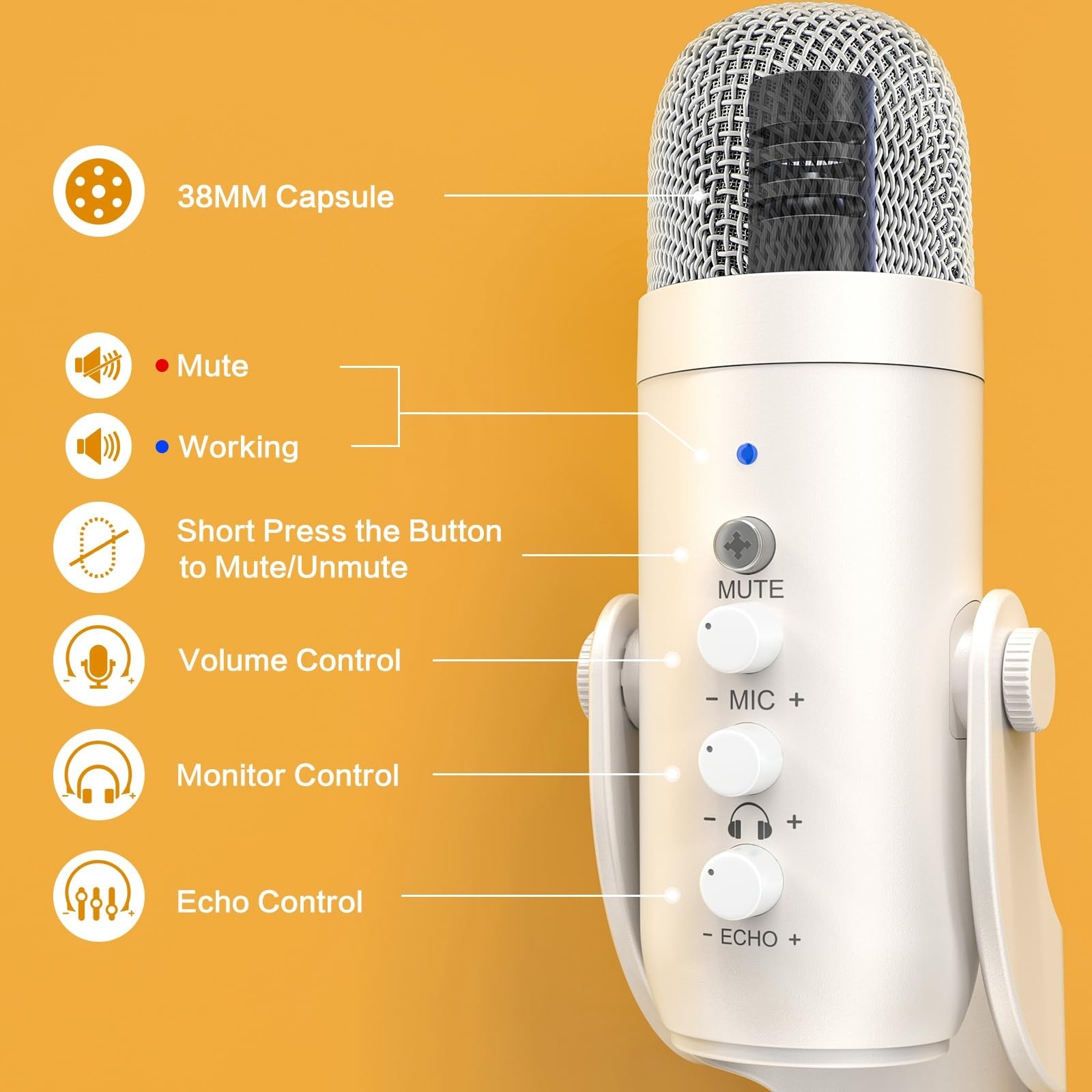 Podcast Microphone for iPhone, PC & Android – Noise Cancelling, Gain Knob, Mute