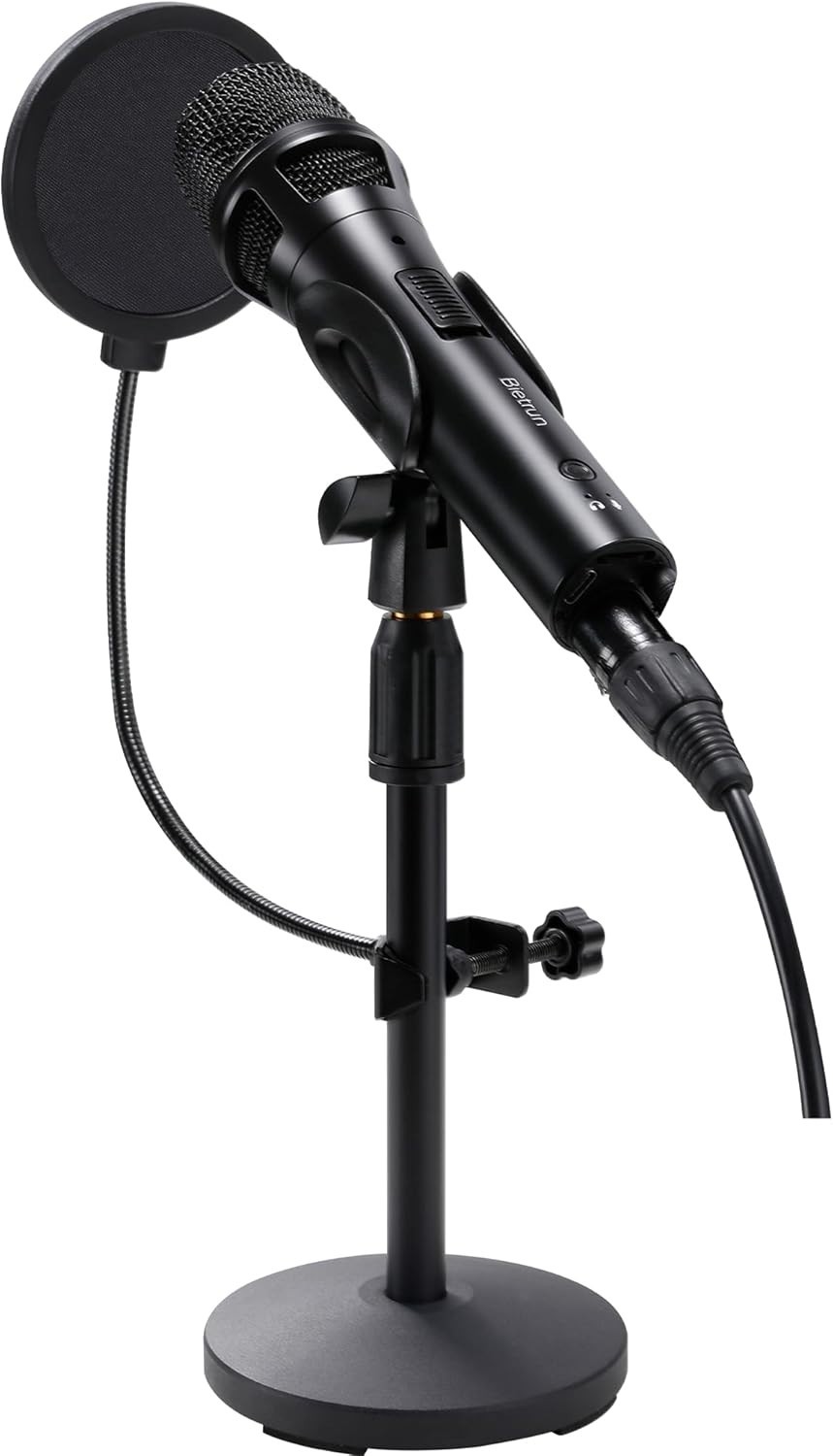 Professional XLR USB Dynamic Microphone Bundle with Metal Stand & Pop Filter